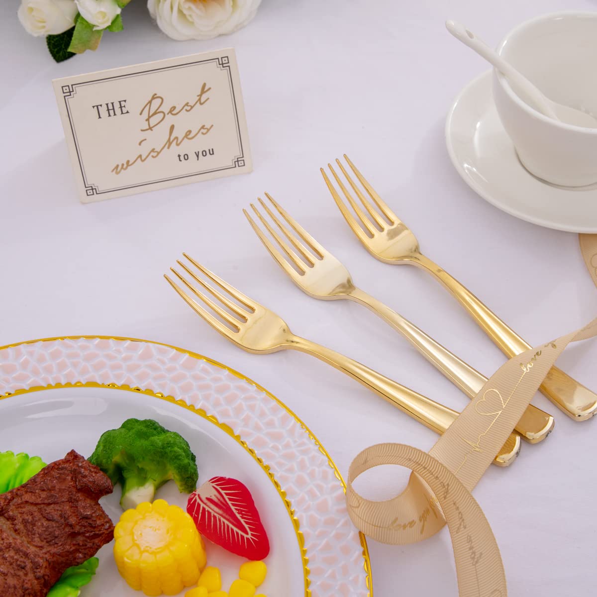 60 Pack Gold Plastic Plates & 200 Gold Plastic Forks - 7.4 Inch Heavy Duty Disposable Tableware Set for Parties, Weddings, Christmas - Elegant White & Gold Dinnerware for Celebrations, Events, and Holiday Gatherings
