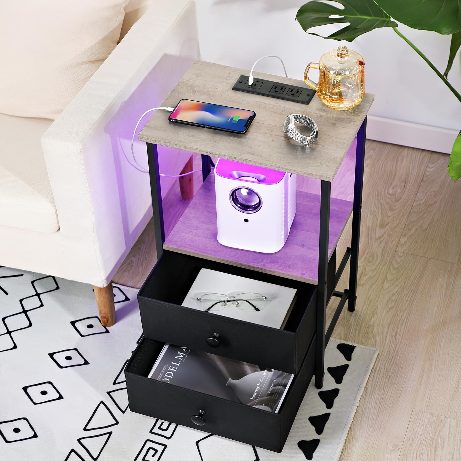 2-Piece LED Nightstand Set with USB Charging Station & Storage Shelf - Modern Bedside Table with 2 Fabric Drawers for Small Spaces - Greige Finish (HETS02GY) | Perfect for Bedrooms, Apartments & Dorm Rooms