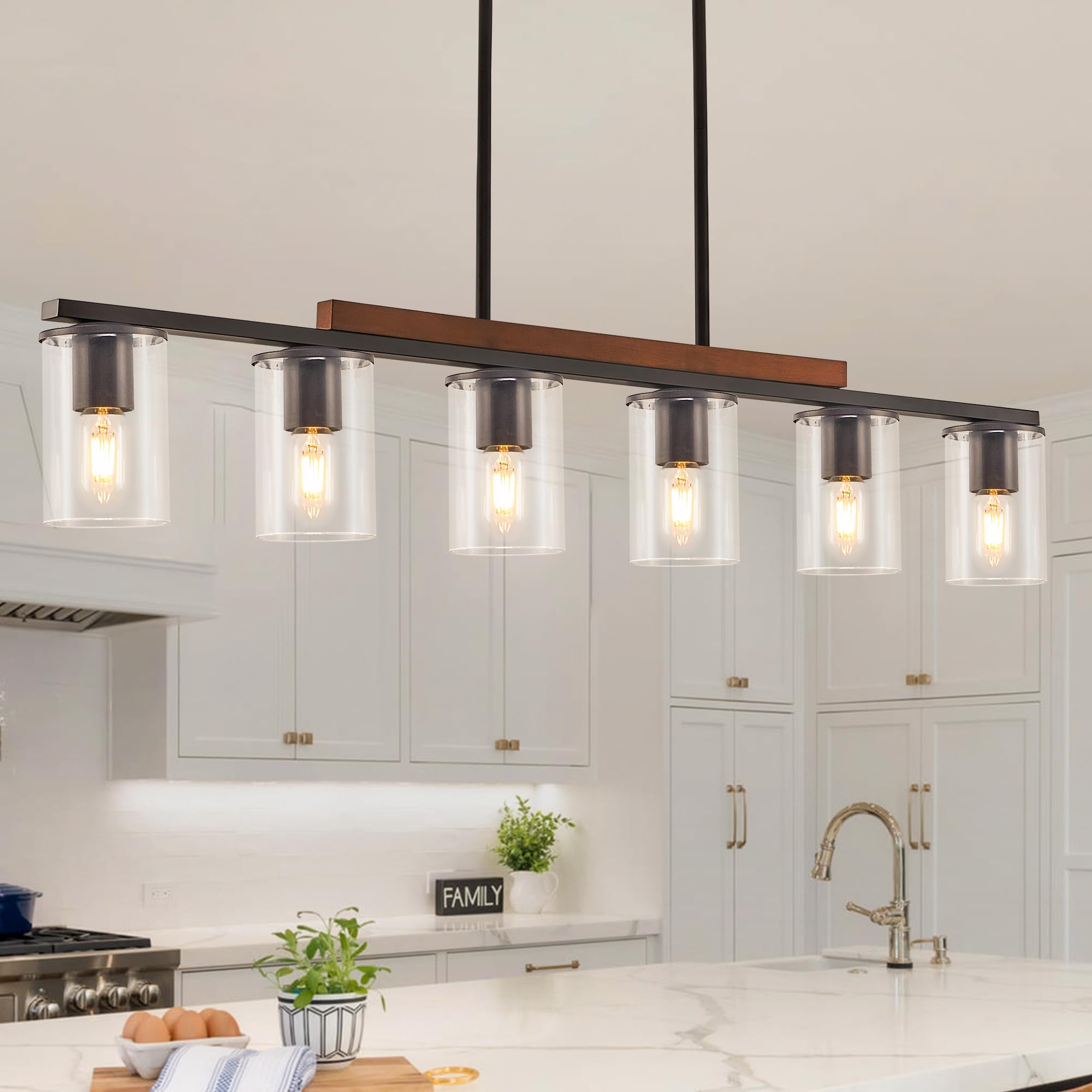 Farmhouse Style Black 6-Light Linear Chandelier - Wood Accent Pendant Lighting for Dining Room & Kitchen Island | Perfect for Rustic, Modern, and Industrial Home Decor