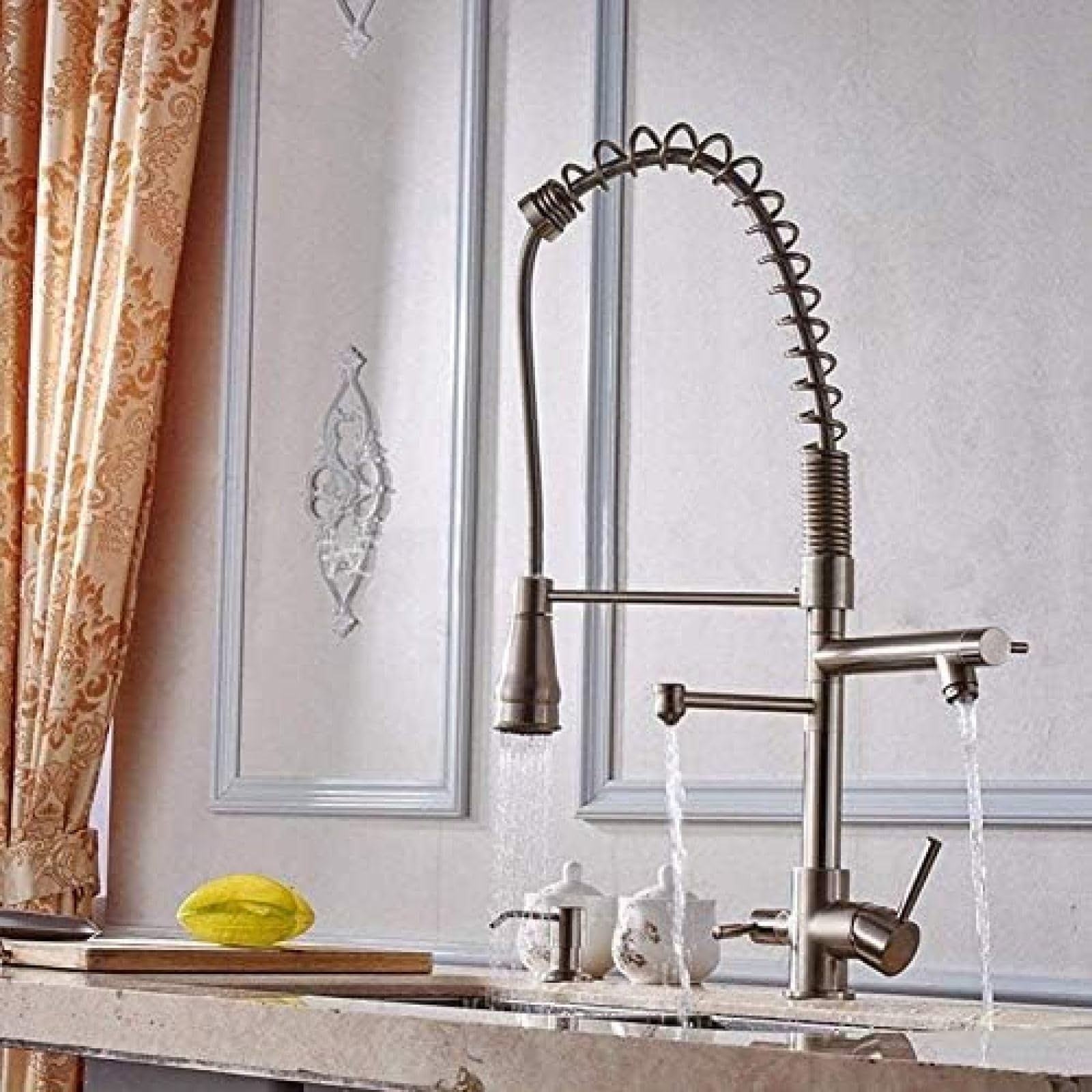 CRJUS Contemporary Solid Brass Brushed Nickel 3-Way Pull-Out Mixer Kitchen Tap Faucet | Dual Handle Deck Mount for Modern Kitchens & Easy Dishwashing