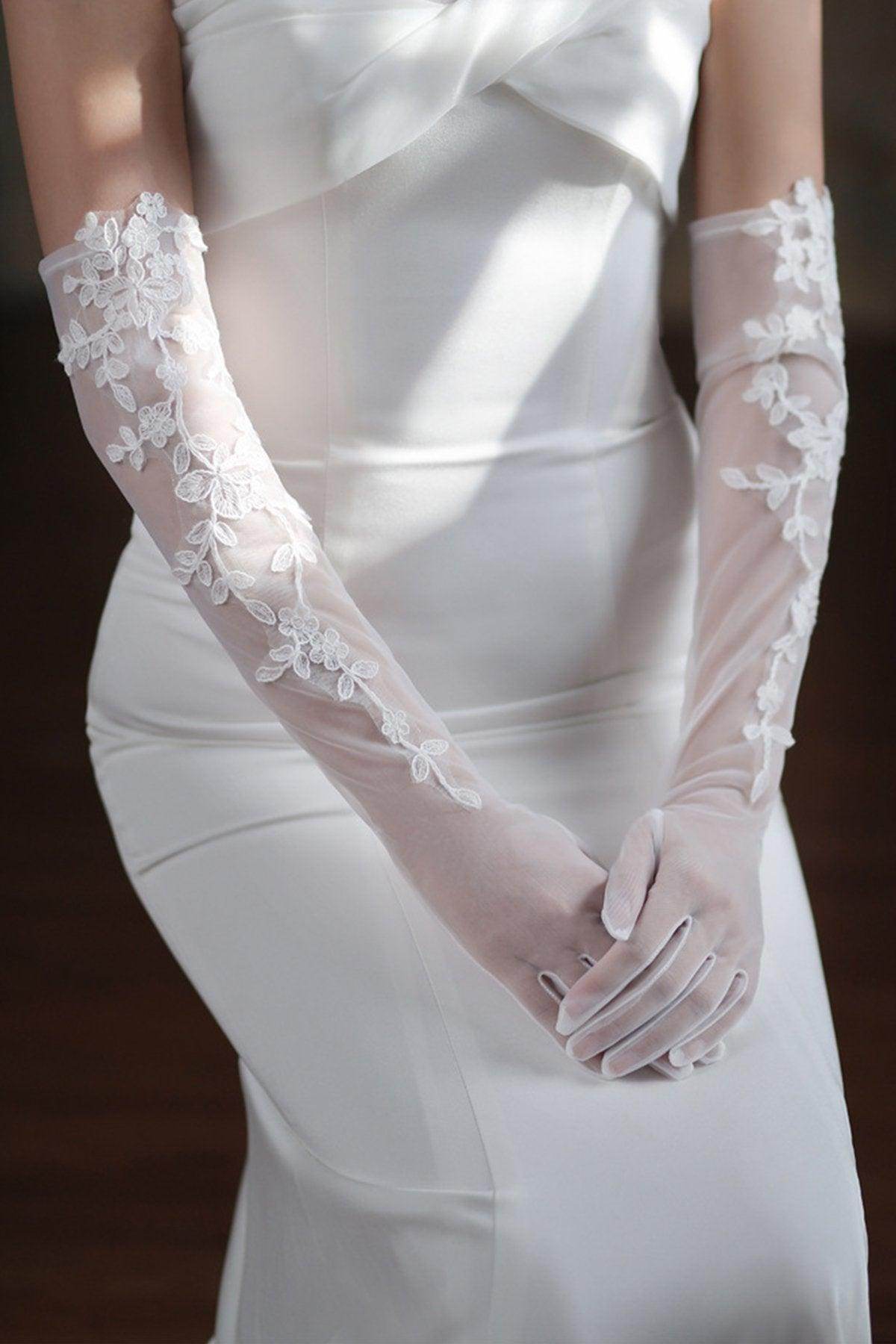 Elegant Fingertip Opera Length Tulle Wedding Gloves - CD0106 for Bridal, Prom, Ballroom Dance & Formal Events