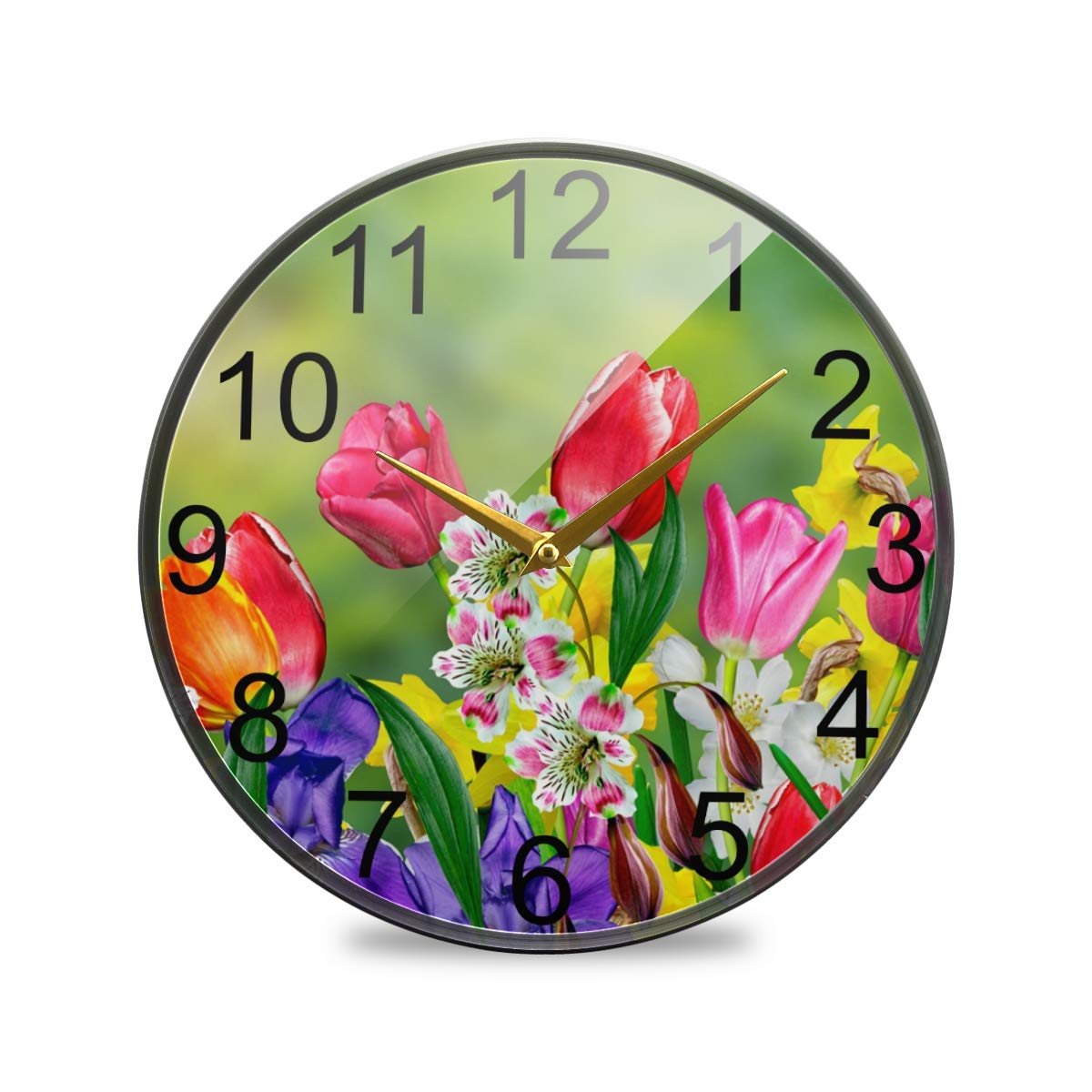DOMIKING 12 Inch Round Wall Clock - Vintage Spring Flowers Design with Daffodils & Tulips, Battery Operated, Silent Non-Ticking - Perfect for Kitchen, Living Room, Bedroom & Office Decor