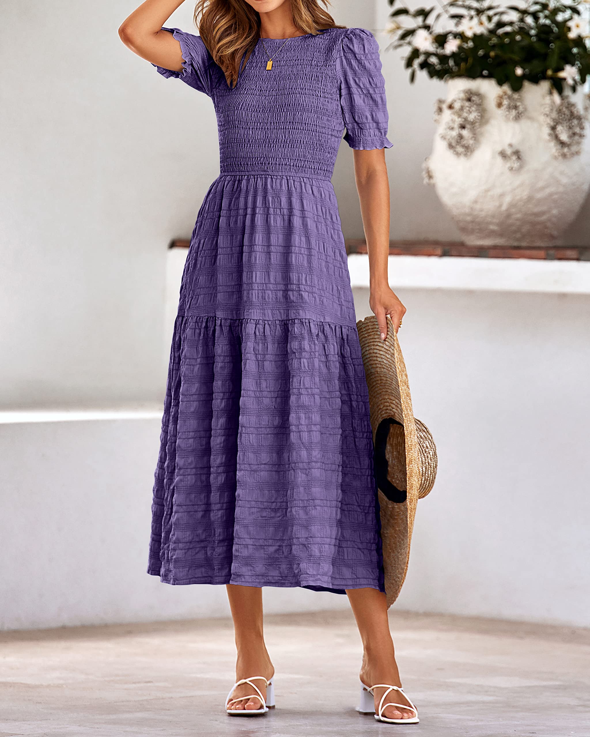 Dowerme Women's Summer Dresses 2025 - Casual Puff Short Sleeve Crewneck Smocked Flowy Ruffle Boho Maxi Sundress for Beach, Party & Vacation | Lightweight Comfortable Dress for Outdoor Activities