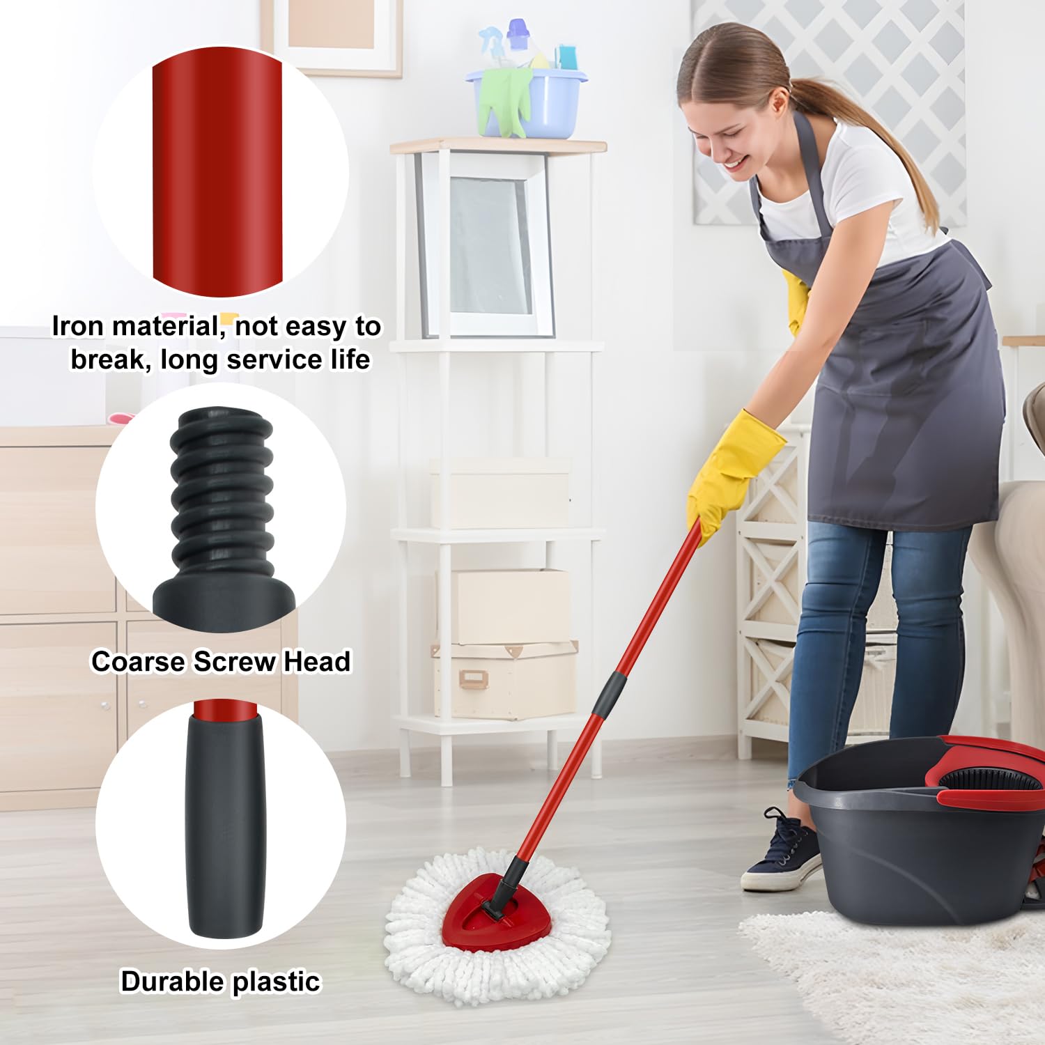 O-Cedar EasyWring Spin Mop Replacement Parts - 2 Microfiber Mop Heads, 4-Section Adjustable Iron Handle (30-58in) & Mop Head Cover - Compatible with 1-Tank Spin Mop System - Perfect for Hardwood Floors, Tile & Laminate Cleaning