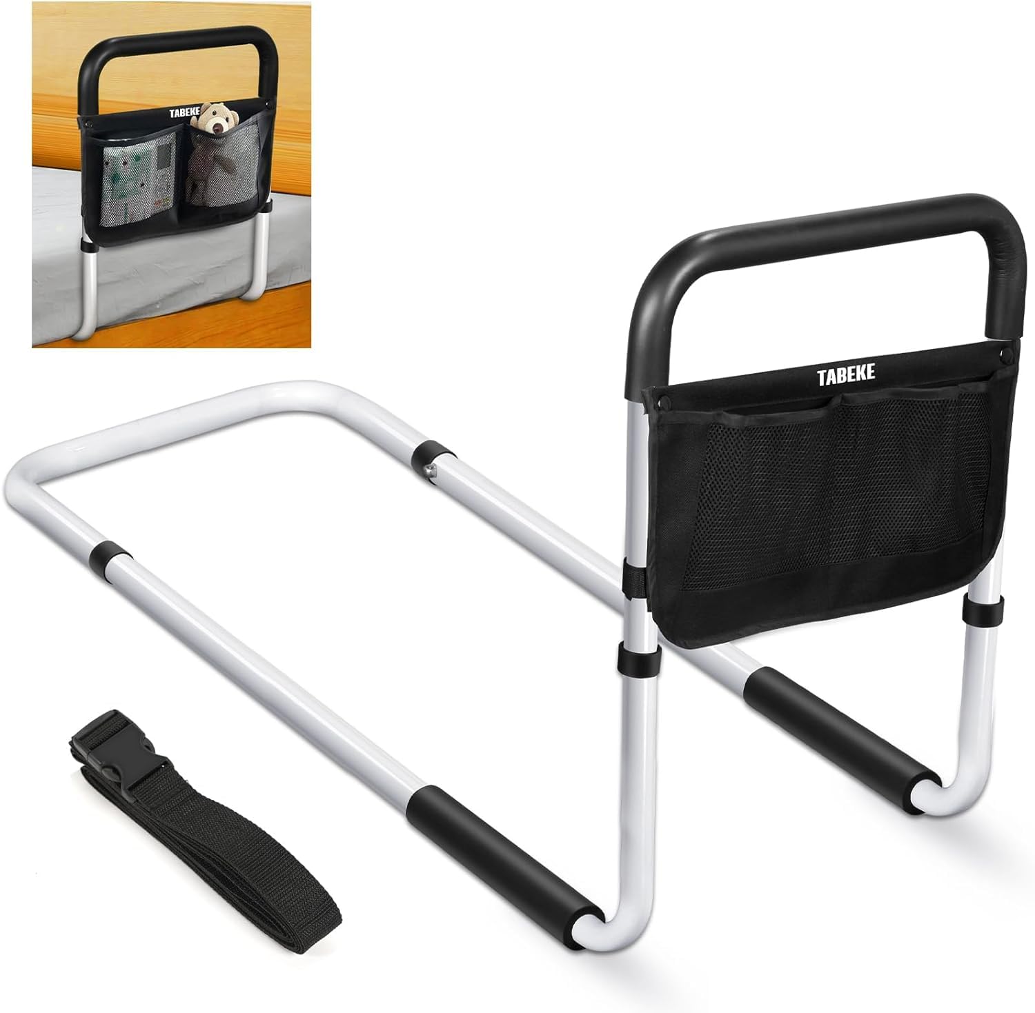 TABEKE Adjustable Bed Rails for Elderly Adults - Safety Bed Assist Rail with Non-Slip Handle & Double Side Storage Pockets - Fits King, Queen, Full, Twin Size Beds - Ideal for Senior Home Care & Fall Prevention