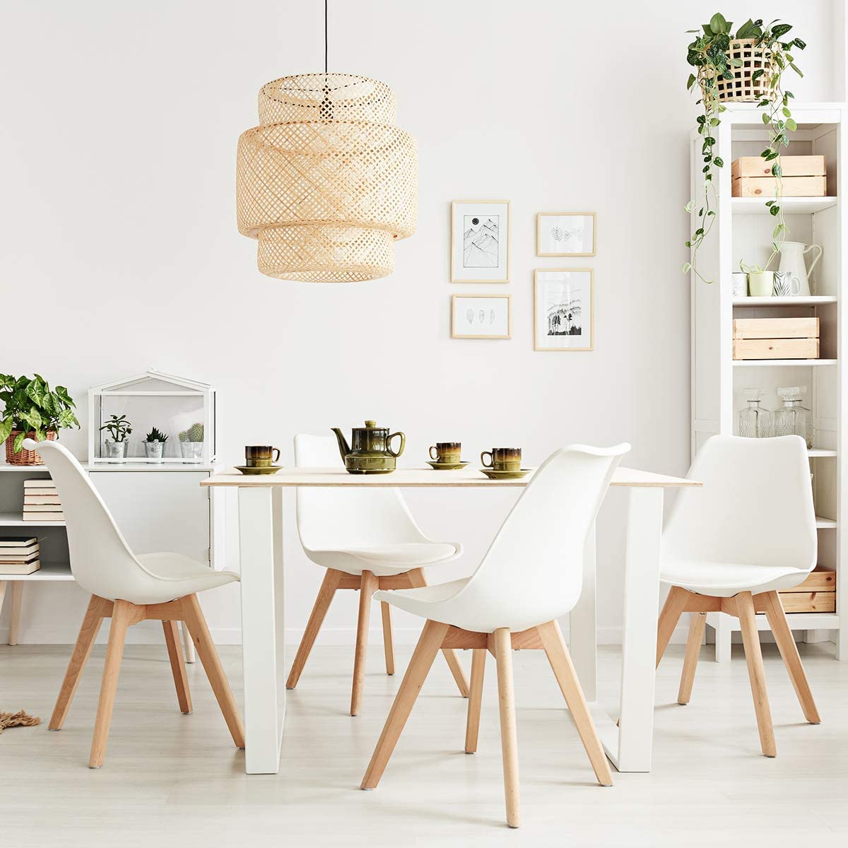 Scandinavian Modern Dining Chairs Set of 4 - Solid Beech Wood Legs with Padded Upholstered Seats in White - Perfect for Kitchen, Dining Room or Breakfast Nook