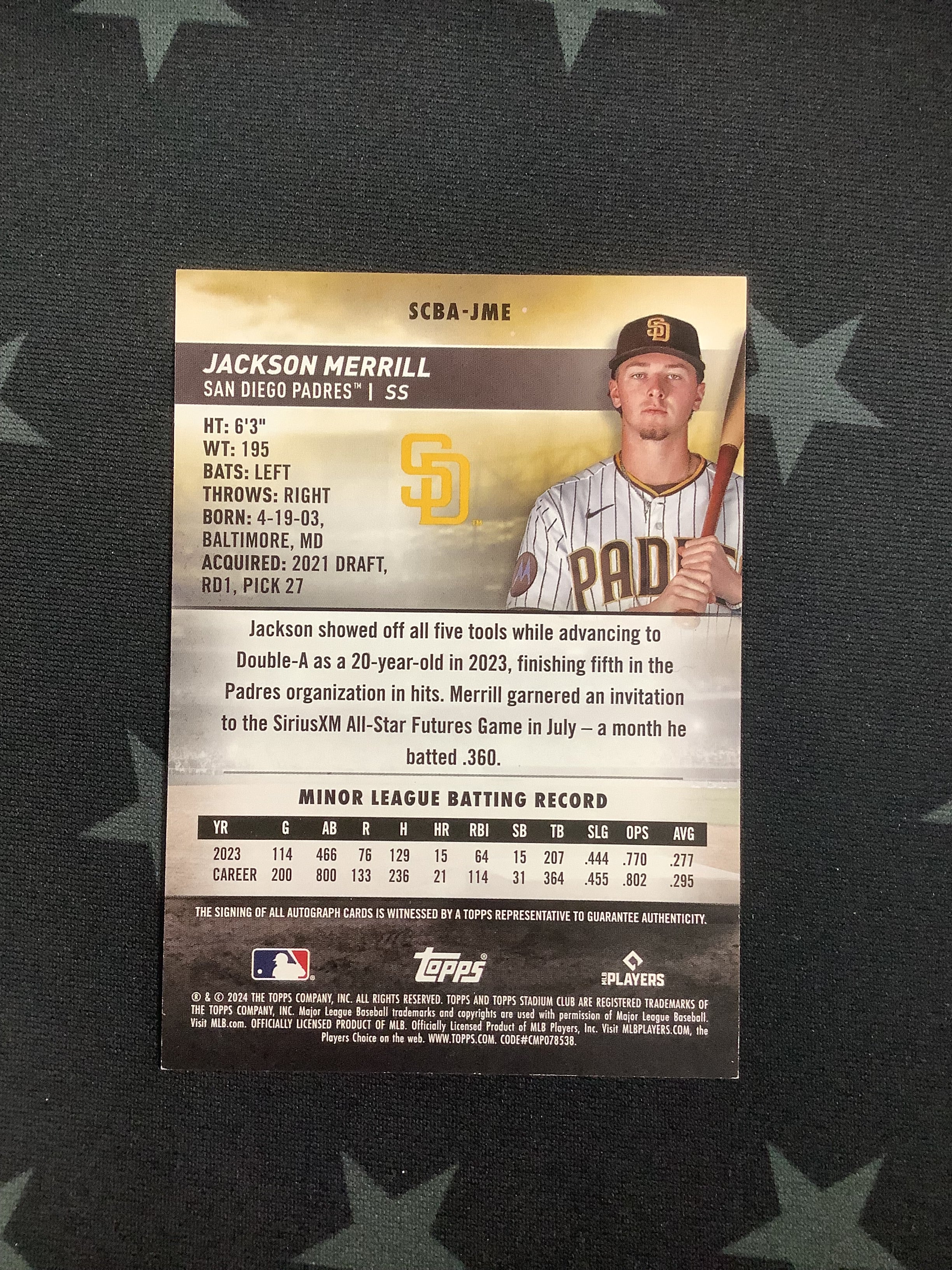 2024 Topps Stadium Club Jackson Merrill Rookie Autograph On-Card Auto Padres RC Baseball Card - Perfect for Collectors, Investors & Sports Memorabilia Enthusiasts