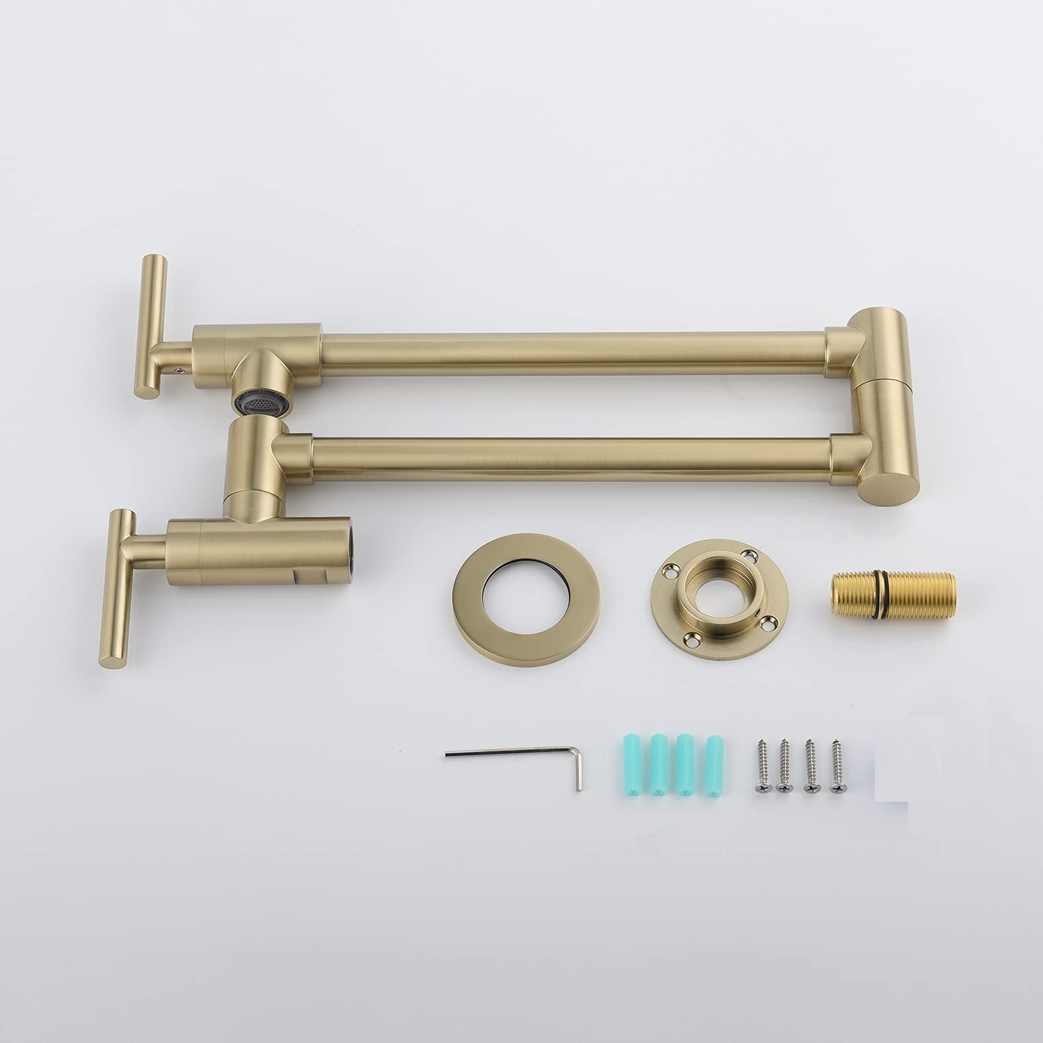 Premium Solid Brass Wall Mount Folding Kitchen Faucet - Stretchable Double Joint Swing Arm Pot Filler Faucet in Gold - Perfect for Modern Kitchens, Bar Sinks & Small Spaces