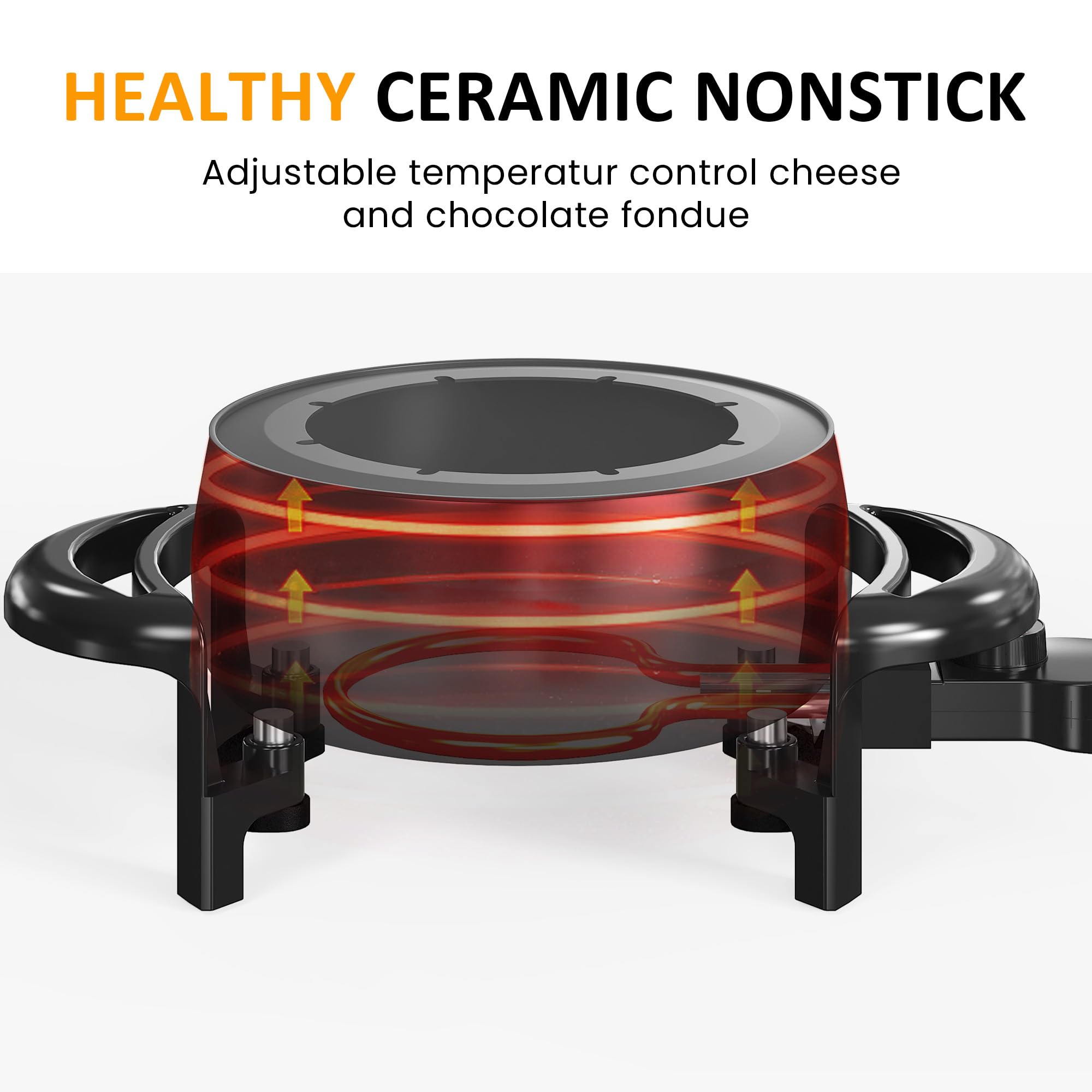 Sunvivi 3 Quart Electric Fondue Pot Set - Adjustable Temperature Control for Melting Chocolate, Cheese, Oil & Broth - 1000W Non-Stick Fondue Maker with 8 Color-Coded Forks - Perfect for Parties, Desserts & Family Gatherings