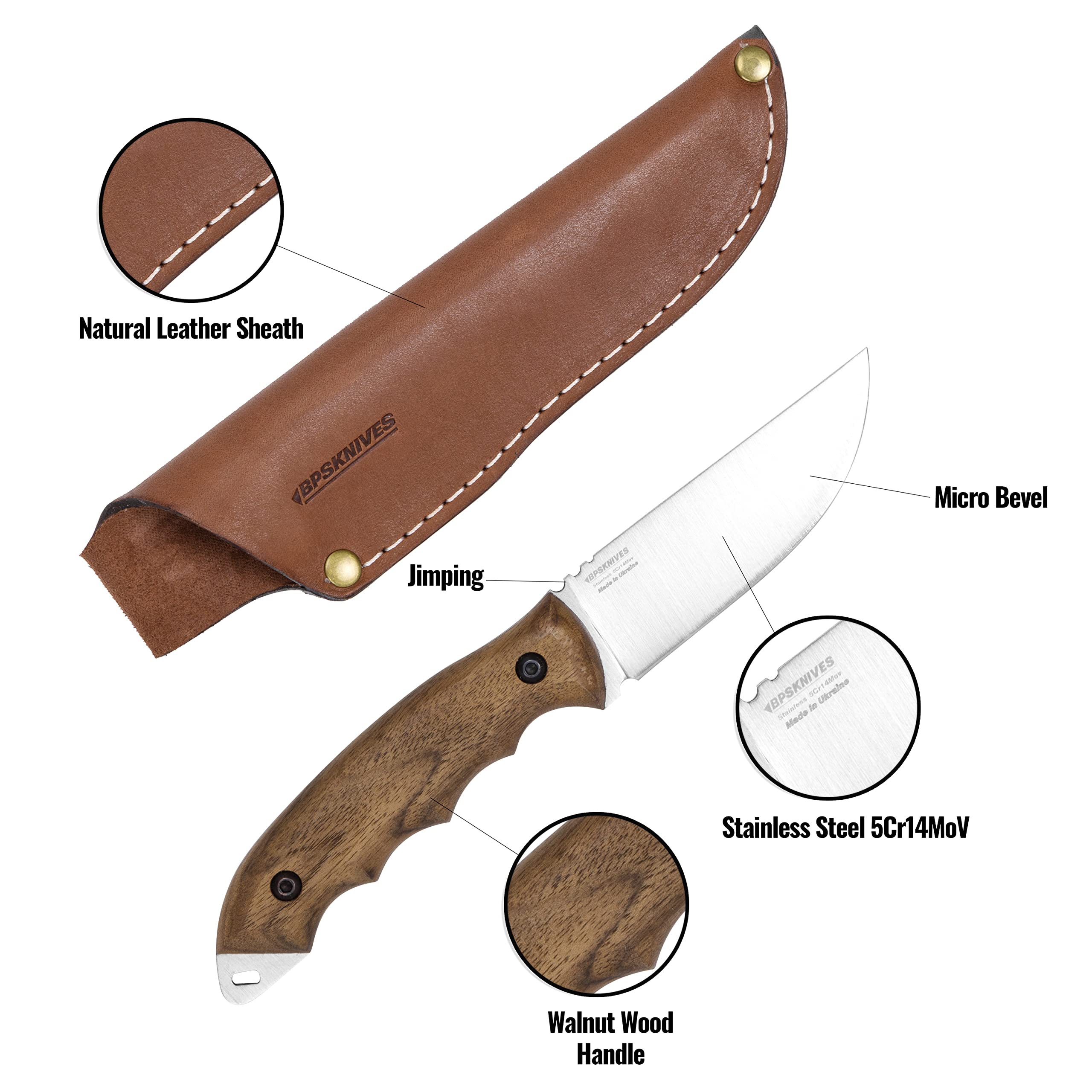BPS Knives HK4 SSH Full Tang Fixed Blade Knife - High Carbon Stainless Steel Camping Survival Knife with Leather Sheath - Tactical Bushcraft Knife for Hunting, Outdoor Adventures & Emergency Preparedness
