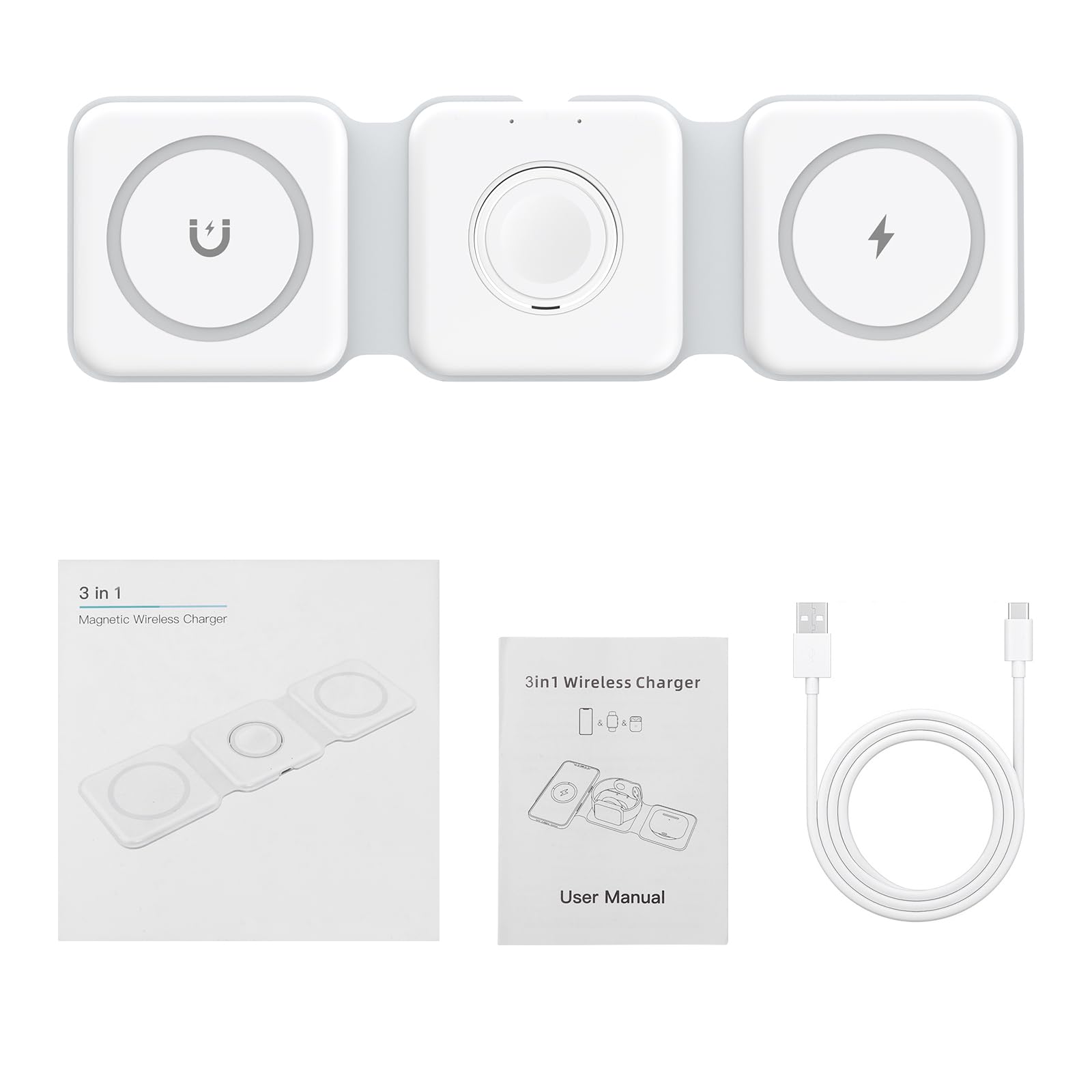 Ankilo 3-in-1 Foldable Magsafe Wireless Charging Station for iPhone 15/14/13/12 Series, Apple Watch & AirPods Pro | Portable Travel Charger for Multiple Devices | Perfect for Home, Office & Car Use (Adapter Not Included)