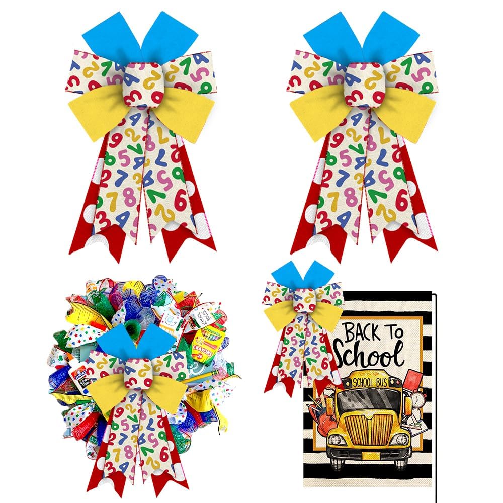2 Pack Welcome Back to School Bows for Wreaths - Yellow & Red Burlap Bows with 123 Numbers for Preschool Classroom Decor, Holiday Front Door & Wall Decorations - Perfect for First Day of School, Teacher Gifts & Classroom Door Decor