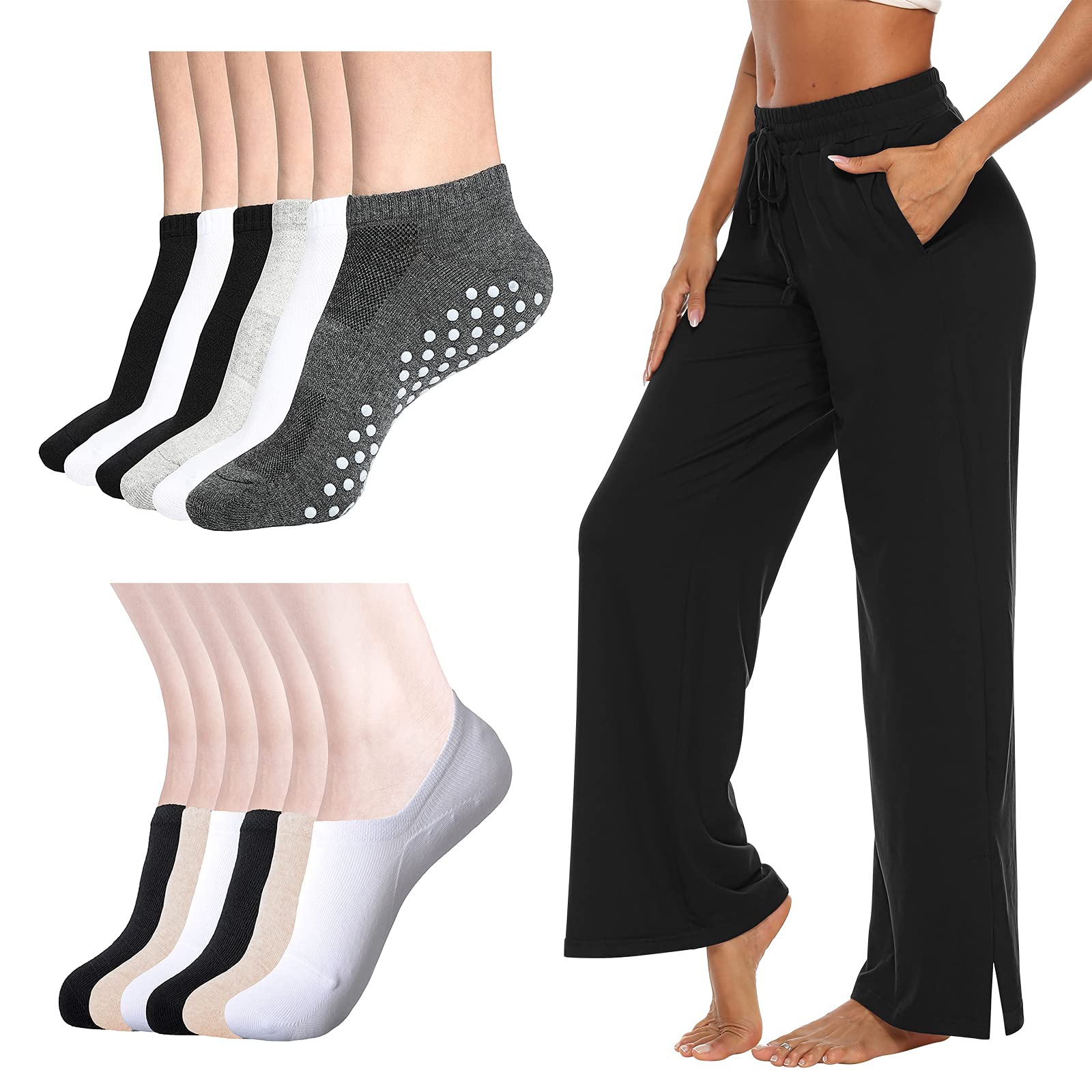 Comfortable Women's Wide Leg Sweatpants, No Show Socks & Non-Slip Yoga Socks Set - Perfect for Lounge, Workout, and Home Relaxation