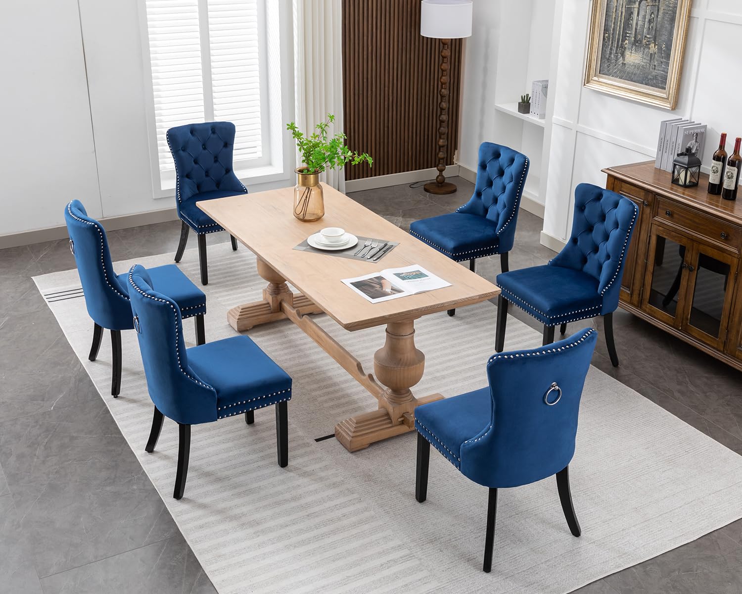 Luxury Velvet Dining Chairs Set of 6 - Modern Upholstered Tufted Kitchen Chairs with Nailhead Trim & Solid Wood Legs, Nikki Collection in Elegant Blue | Perfect for Dining Room, Kitchen, and Entertaining Guests