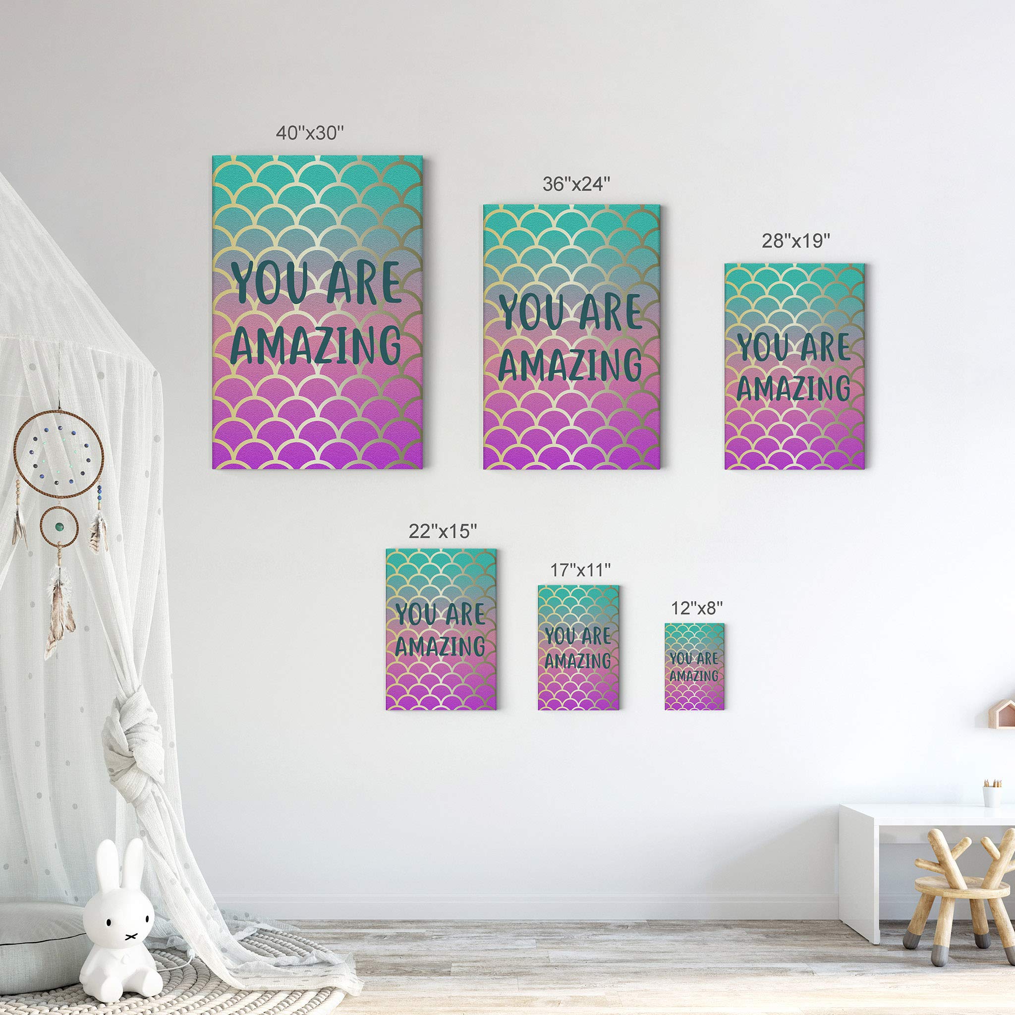 You Are Amazing Quote Mermaid Canvas Print - 40x30 Inch Wall Art for Kids Room, Nursery & Baby Room Decor - Ready to Hang, Made in USA | Perfect for Birthday Gifts, Baby Showers & Children's Bedroom Decoration