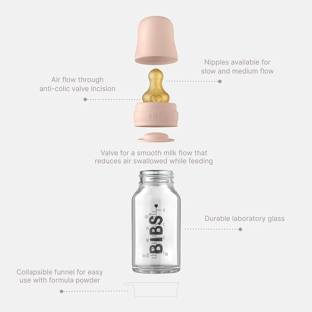 BIBS Baby Glass Bottle Complete Set - 110ml (4oz) BPA-Free Infant Feeding Bottle with Natural Rubber Nipple | Ivory - Perfect for Newborns, Breastfeeding & Formula Feeding at Home or On-the-Go