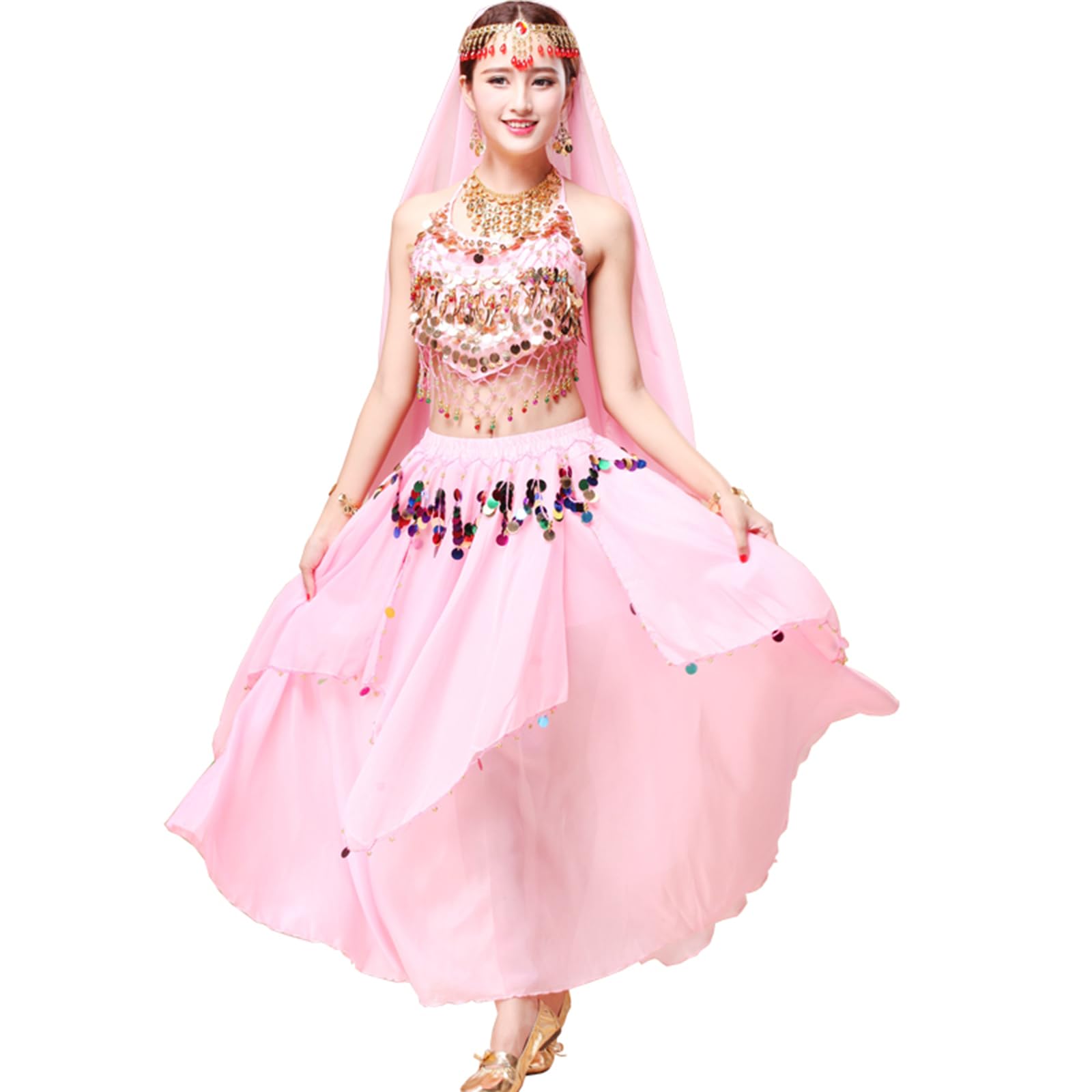Women's Belly Dance Costume - Sparkling Sequin Crop Top with Flowy Chiffon Skirt for Halloween, Party & Performance Outfits