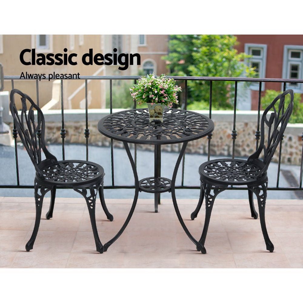 3-Piece Outdoor Bistro Set - Cast Aluminum Patio Table & Chairs in Tulip Black - Perfect for Garden, Balcony, and Small Space Dining