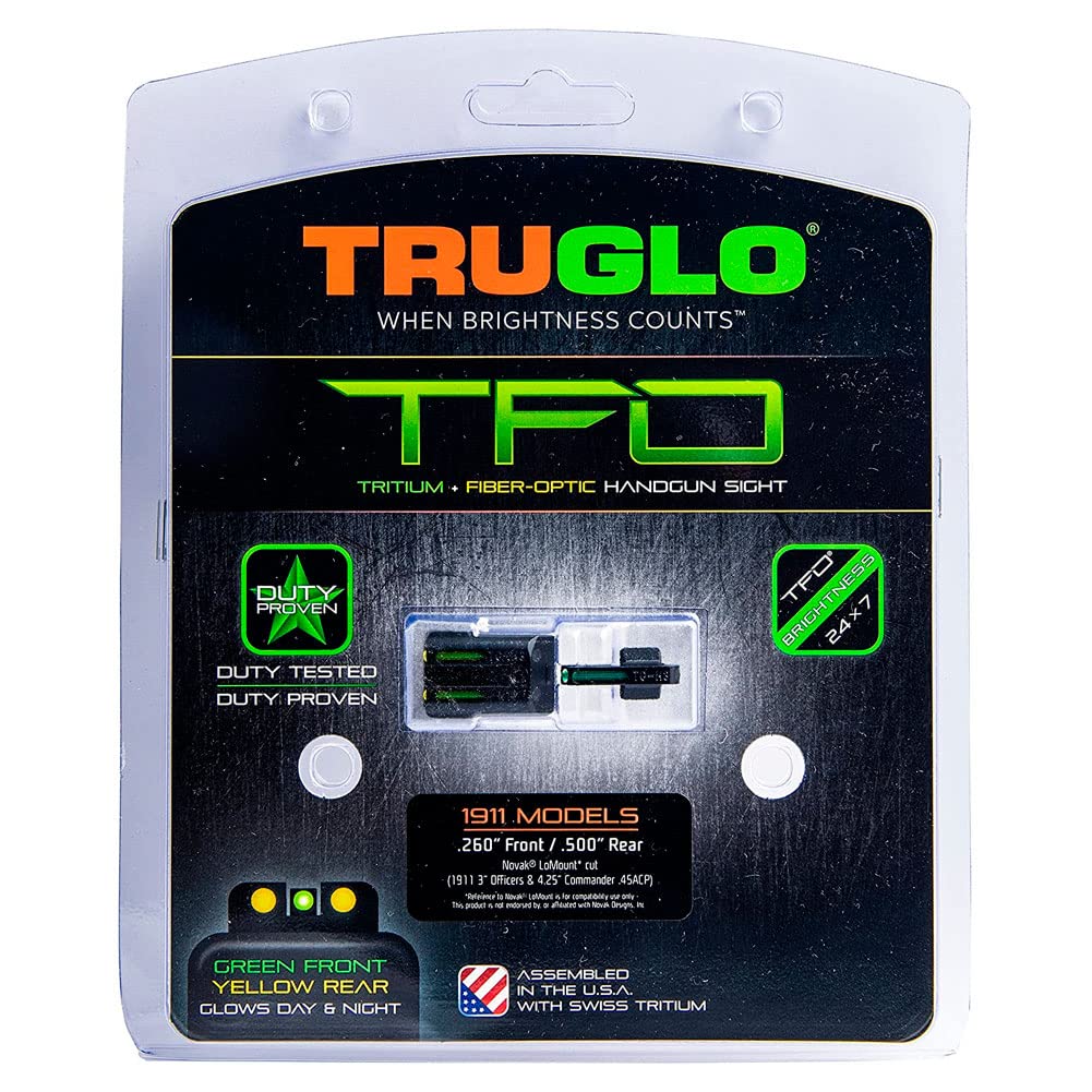 Truglo TFO Tritium & Fiber-Optic Handgun Sight Set - High Visibility Front & Rear Night Sights for 1911 Pistols | Compact, Durable Design for Tactical Shooting, Home Defense & Low-Light Conditions