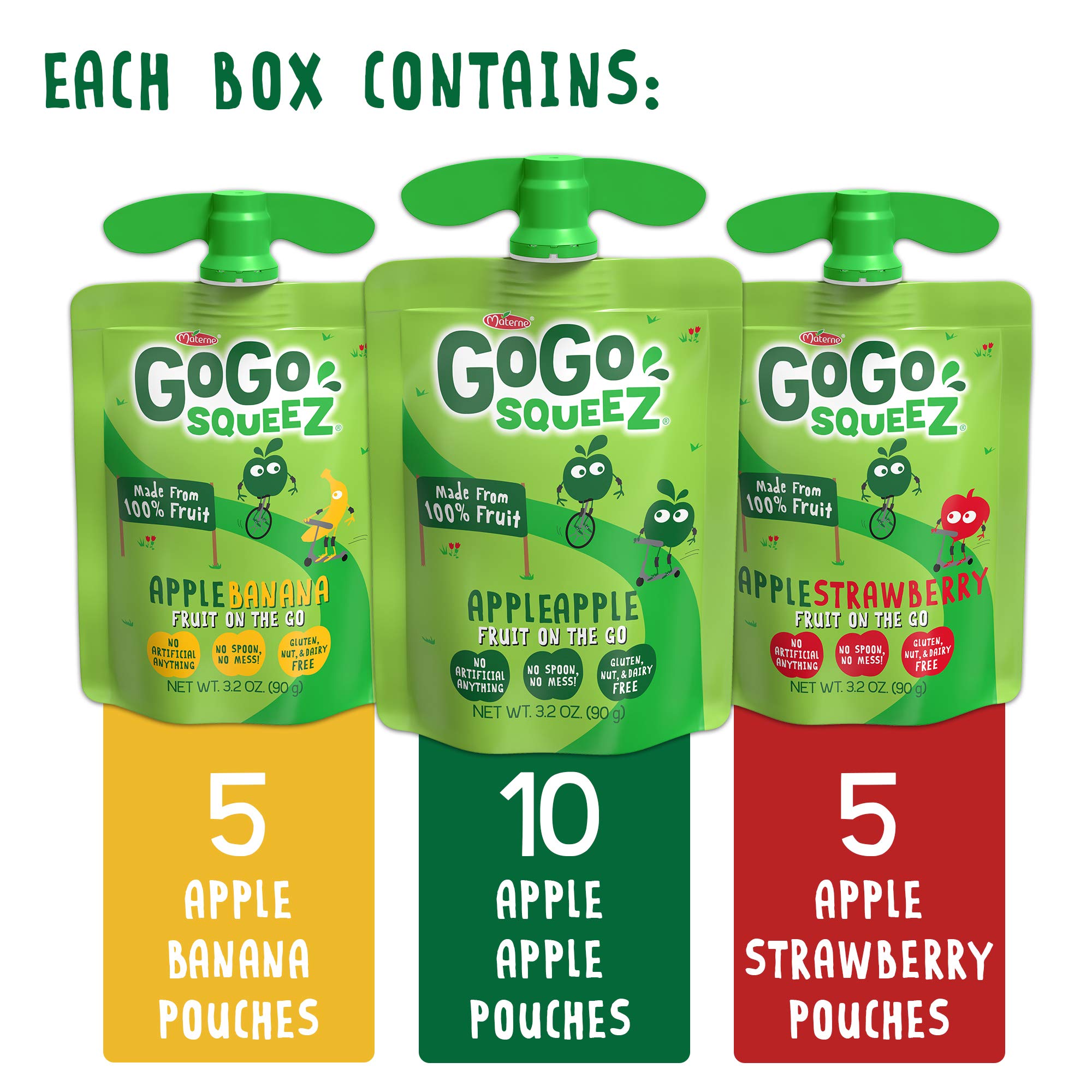 GoGo squeeZ Unsweetened Fruit Pouches - Apple, Banana & Strawberry Variety Pack (20 Count, 3.2 oz Each) | Healthy On-the-Go Snacks for Kids | Perfect for School Lunches, Road Trips & After-School Activities