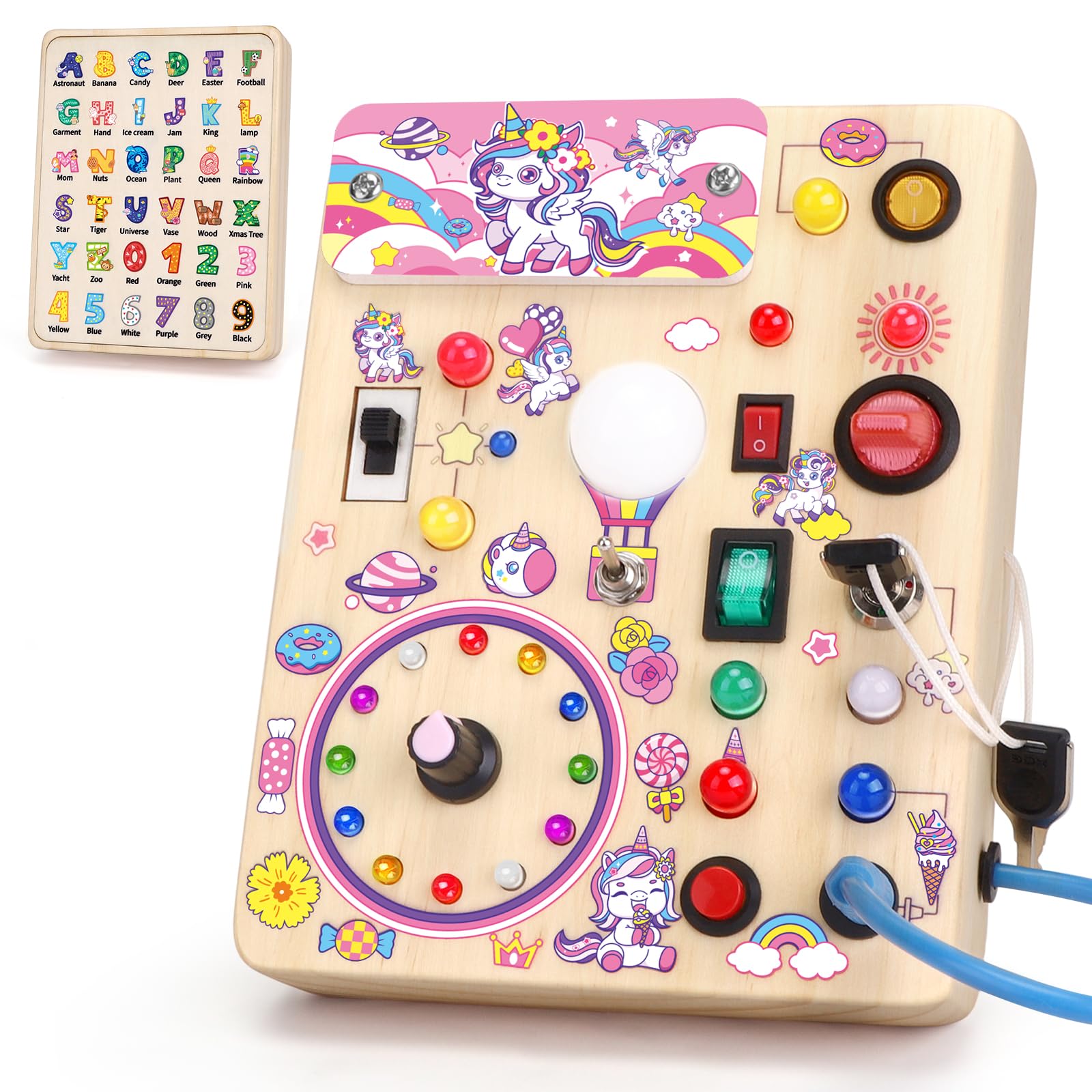 Unicorn Busy Board Plus V2 - Montessori Wooden Sensory Toy for Toddlers Age 1-3 | Travel Learning Activity Board | Perfect Gift for 1+ Year Old Girls & Boys | Ideal for Airplane, Car Rides & Quiet Playtime