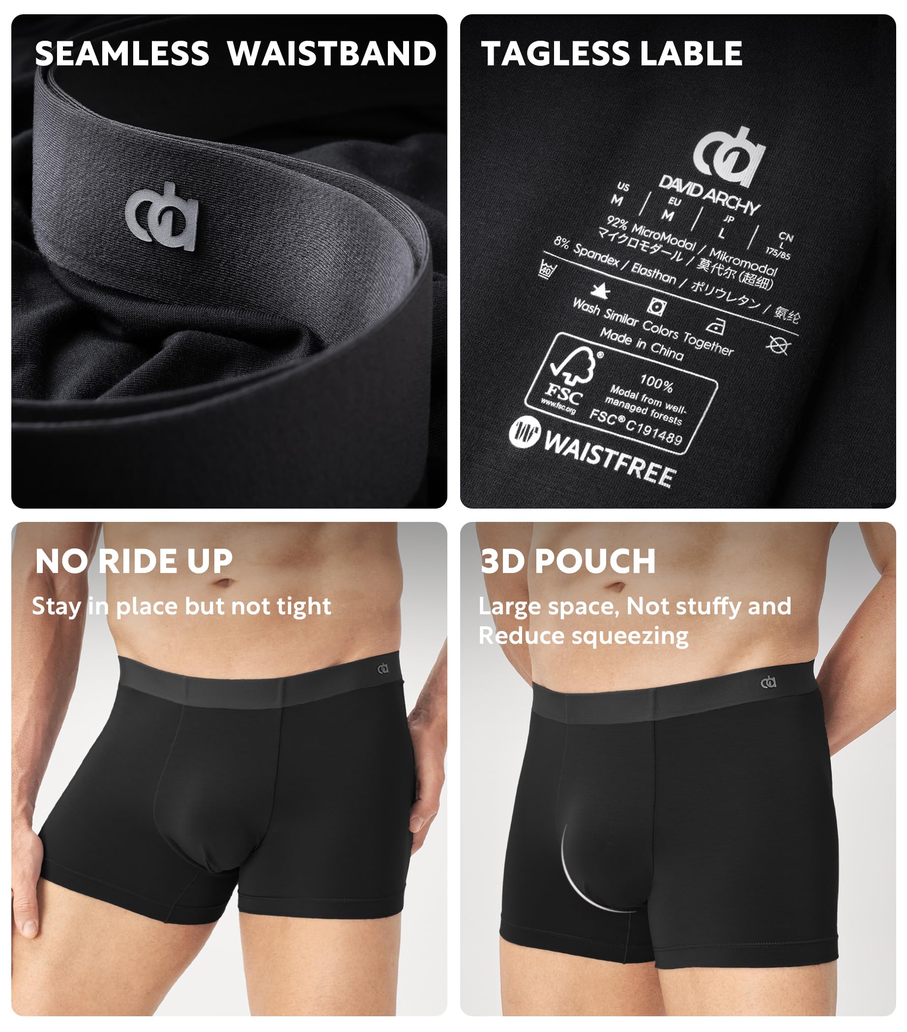 DAVID ARCHY Men's Underwear 4-Pack - Ultra Soft Micro Modal Trunks with Support Pouch | Breathable & Seamless Boxer Briefs for Everyday Comfort | Perfect for Workout, Office & Lounge Wear