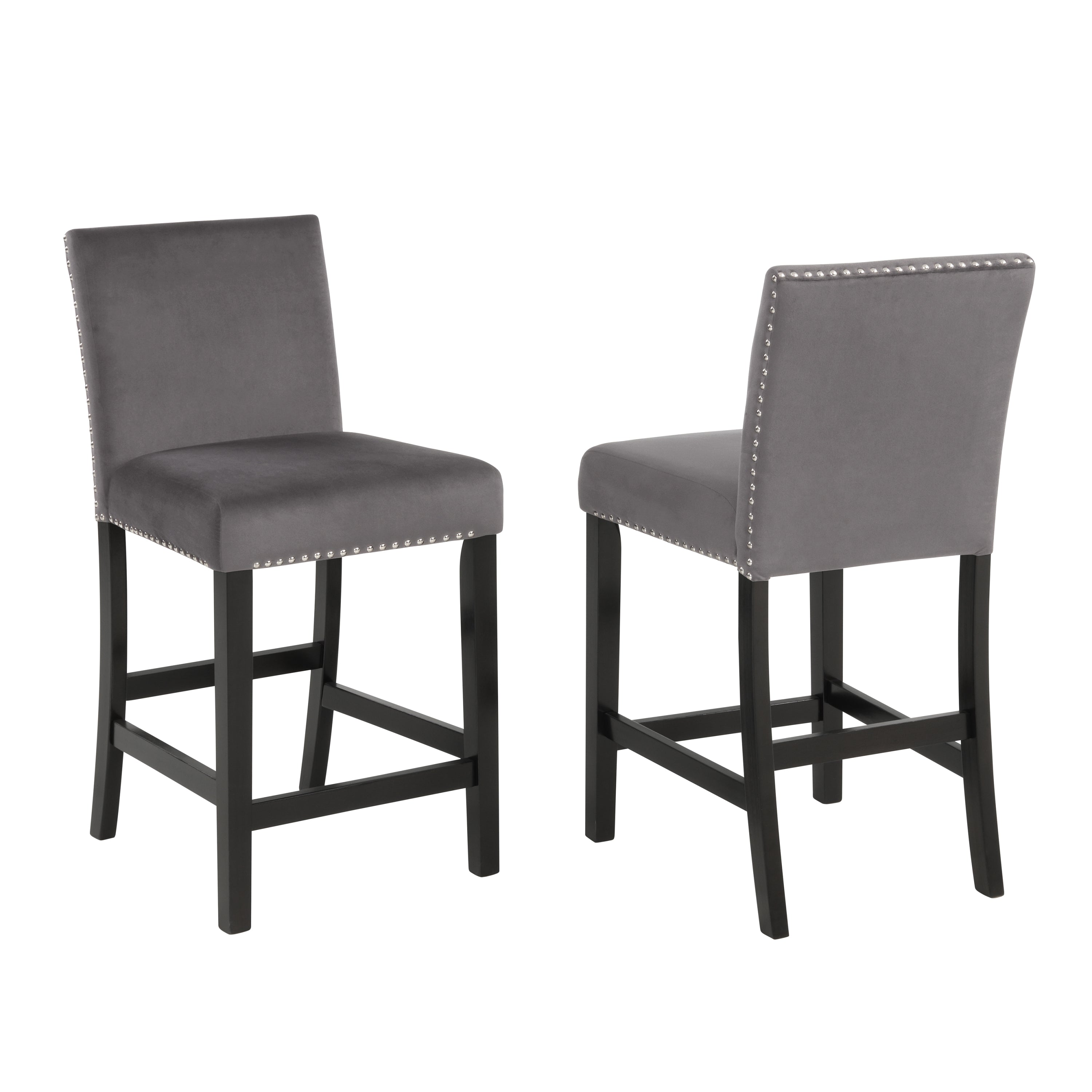 Modern Velvet Counter Stools with Nailhead Trim - Set of 2, Gray - Perfect for Kitchen Islands, Breakfast Bars & Home Decor