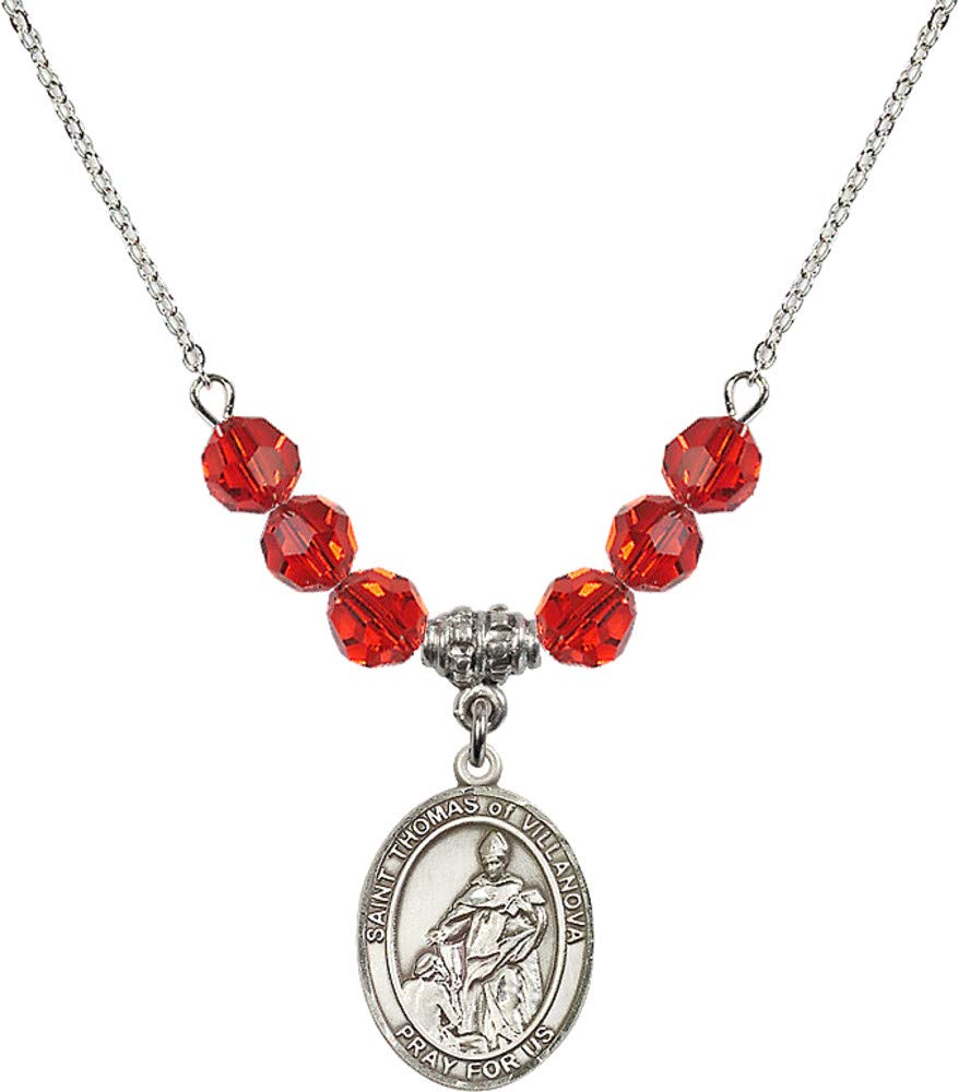 Bonyak 18 Inch Rhodium Plated Necklace with 6mm Red July Birthstone Beads & Saint Thomas of Villanova Charm - Perfect Gift for Birthdays, Anniversaries and Religious Occasions