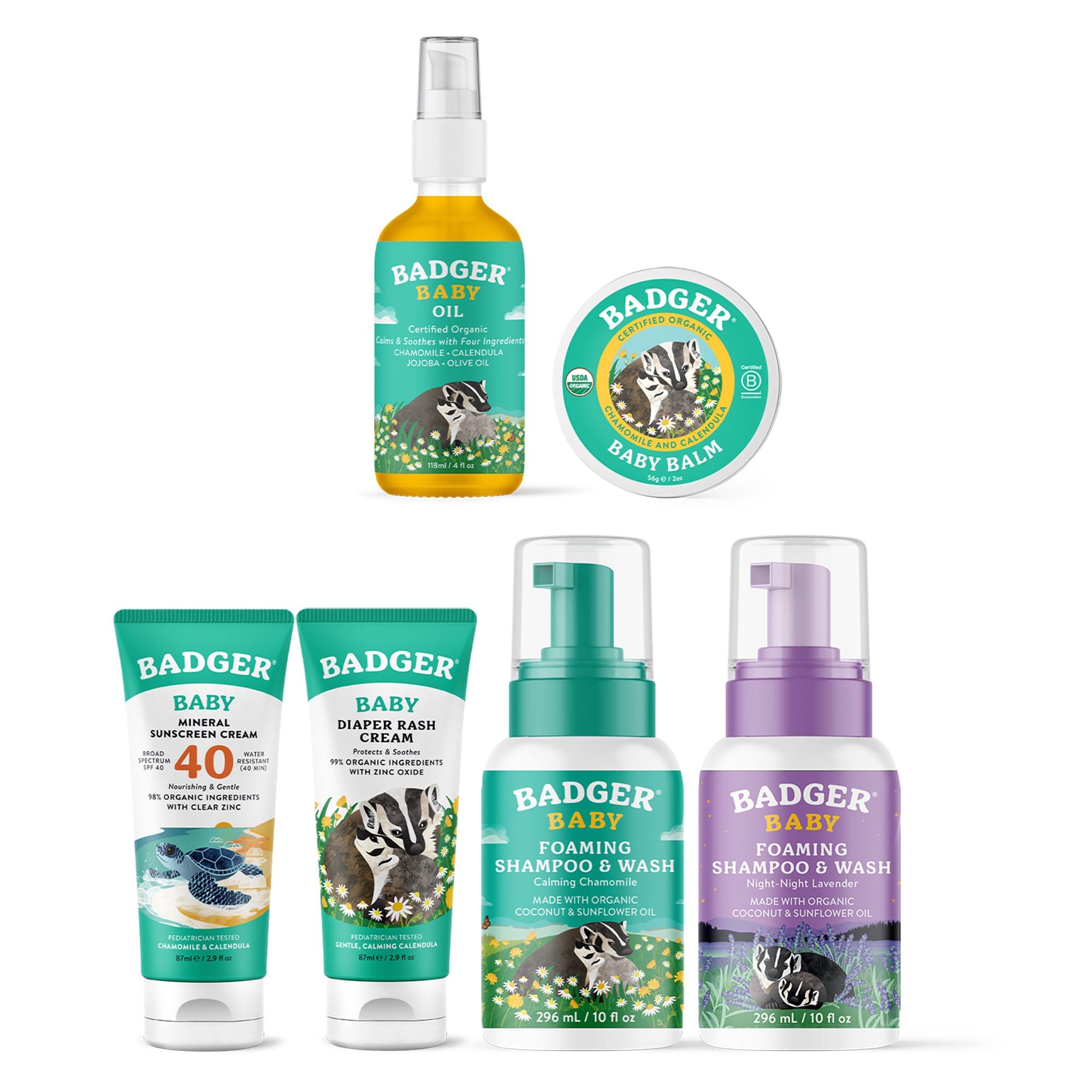 Badger Baby Bundle - SPF 40 Mineral Sunscreen for Babies, Chamomile & Lavender Baby Wash, Organic Diaper Rash Cream, Baby Oil & Balm - Pediatrician Tested Sunblock & Moisturizer for Newborns & Infants - Perfect for Daily Skincare, Sun Protection & Diaper Change Care