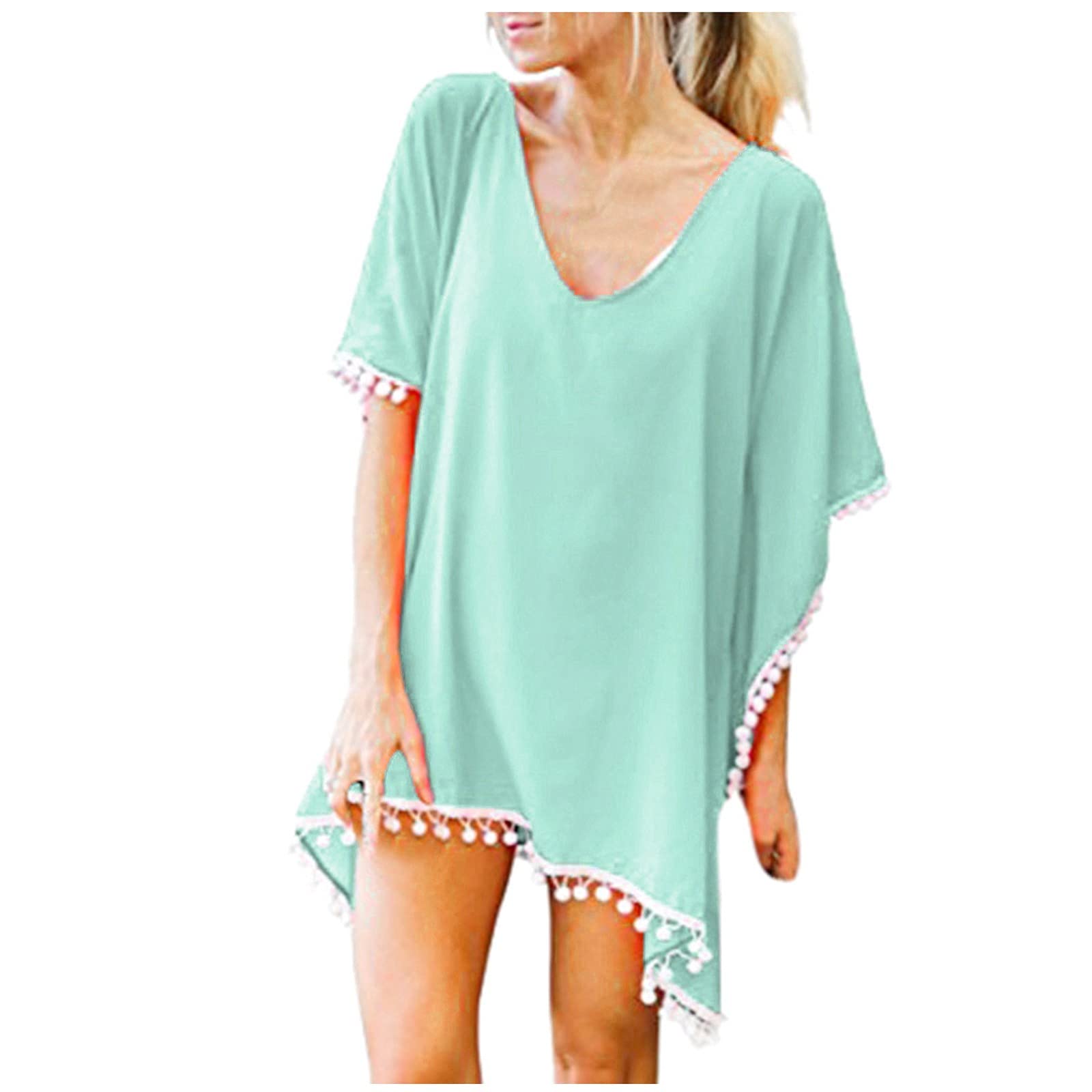 Women's Chiffon Kaftan Cover Up with Tassels - Loose Beach Bikini Swimwear Top for Summer Vacation & Pool Party - Size 32