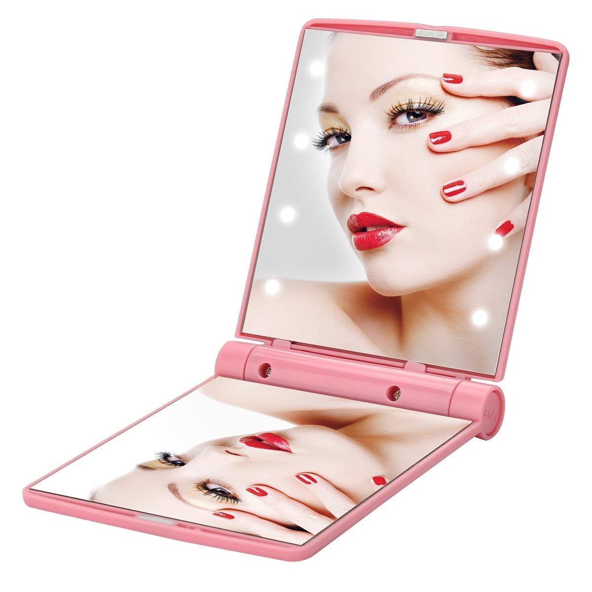 8 LED Travel Makeup Mirror - Compact Folding & Portable for Women (Pink) - Perfect for Travel & Touch-ups
