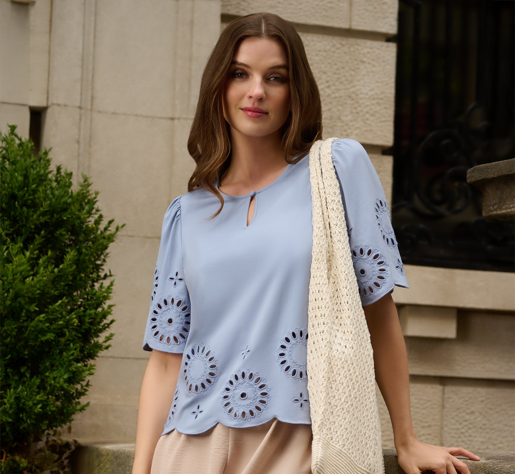 Stylish Short Sleeve Keyhole Eyelet Top in Eventide - Perfect for Summer Outings, Beach Vacations & Casual Date Nights