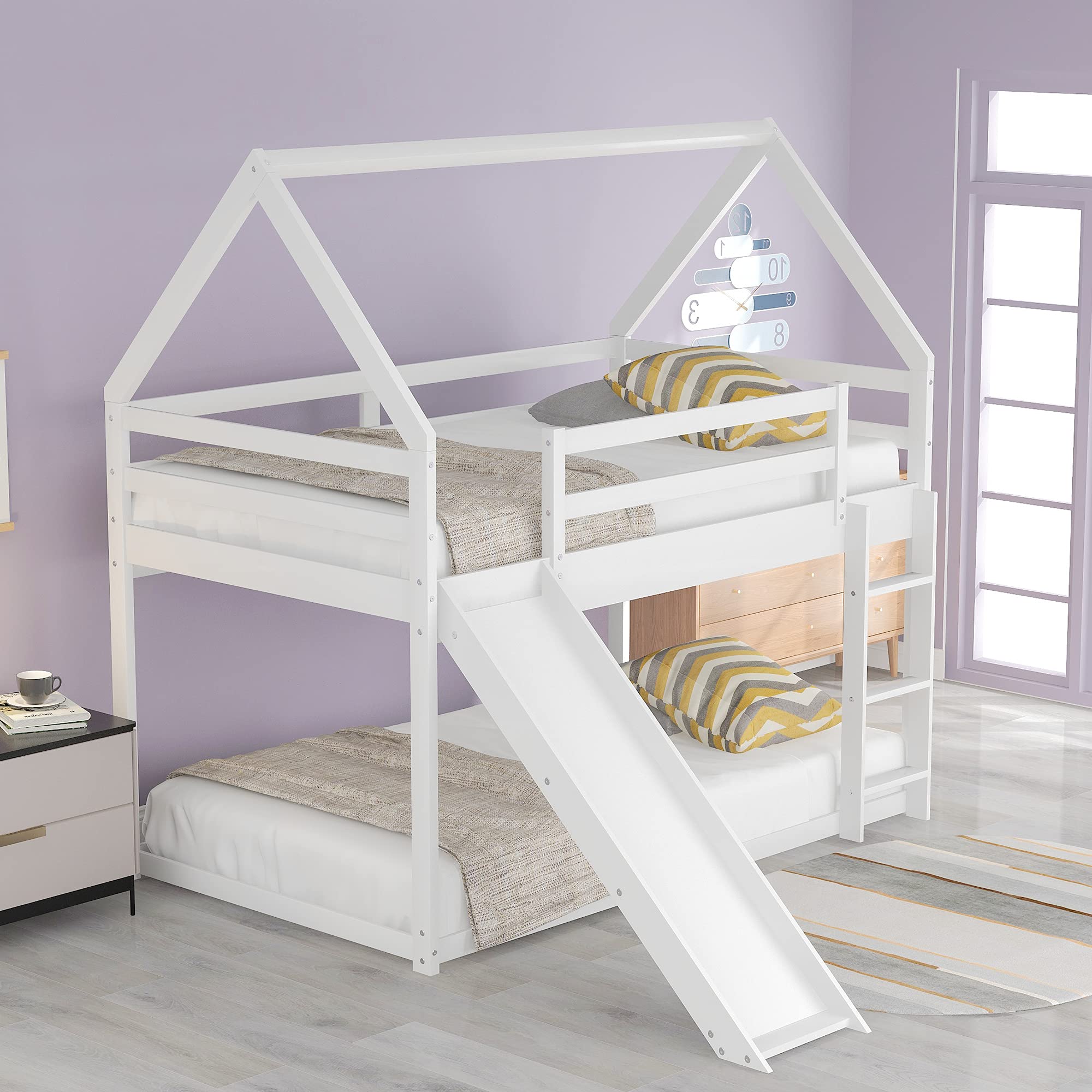 Kids Twin Over Twin House Shape Bunk Bed with Slide - Convertible to Tent, White Wooden Loft Bed for Boys & Girls Bedroom, Dormitory, Playroom - Fun & Space-Saving Children's Furniture