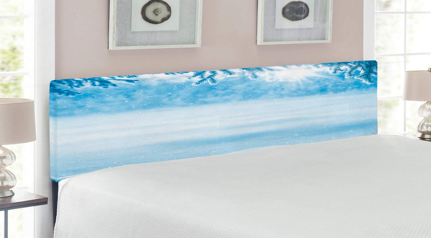 Ambesonne Winter Headboard - Psychedelic Snow Drifts & Pine Branch Design, Upholstered Metal Bed Frame with Memory Foam (King Size, White) - Perfect for Cozy Bedroom Decor & Winter-Themed Home Staging