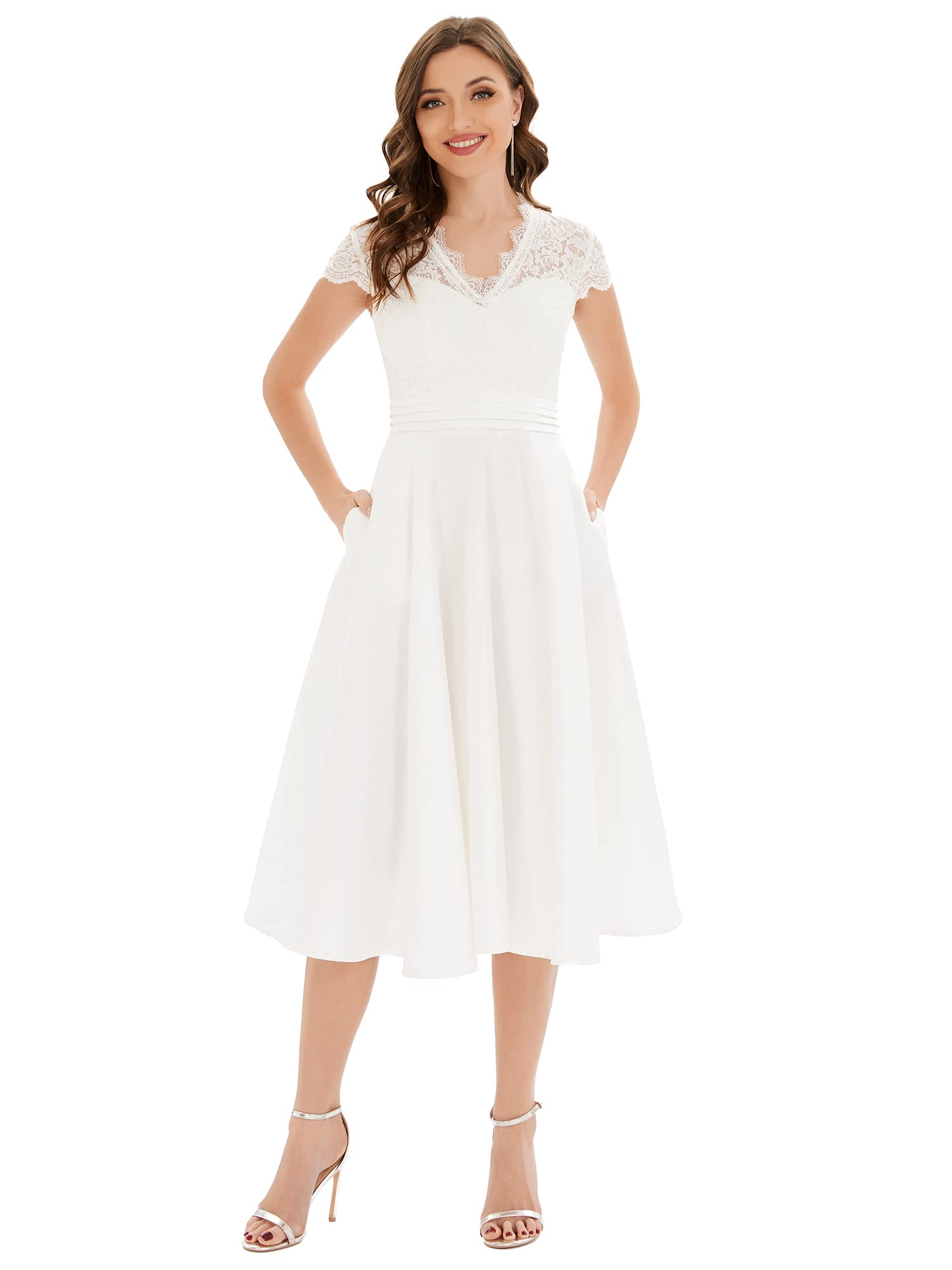 Ever-Pretty Women's A-Line Lace V-Neck Cocktail Dress - Elegant See-Through Pleated Design for Wedding, Party & Special Occasions | Perfect for Bridal Showers, Evening Events & Formal Gatherings