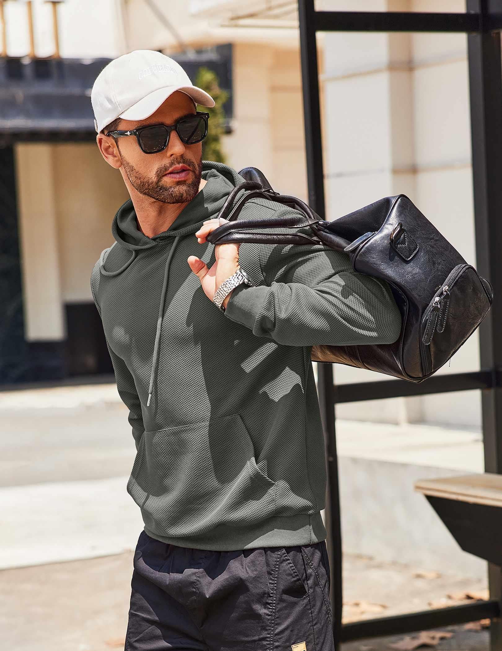 COOFANDY Men's Hooded Sweatshirt - Long Sleeve Waffle Knit Pullover Hoodie with Kangaroo Pocket | Casual Warm Winter Wear for Outdoor Activities & Lounge