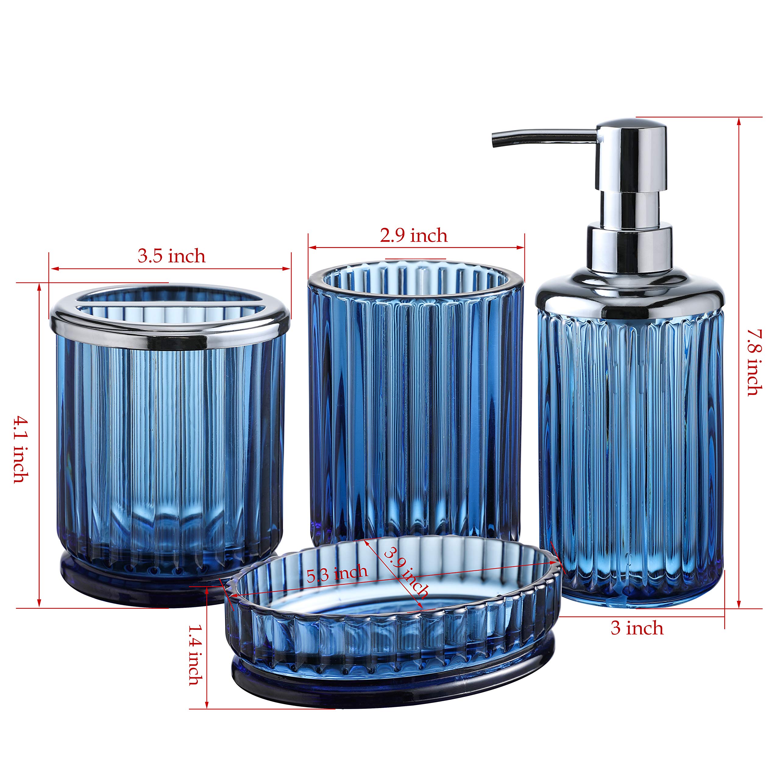 4-Piece Heavyweight Blue Glass Bathroom Accessories Set with Decorative Pressed Pattern - Includes Soap Dispenser, Toothbrush Holder, Soap Dish & Tumbler in Cobalt Blue | Modern Bathroom Decor for Home, Hotel & Spa Use