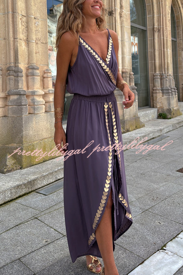 Tamia Gold Trim Elastic Waist Slit Wide Leg Slip Jumpsuit for Women - Comfortable & Stylish Lounge & Evening Wear - Perfect for Parties, Date Nights & Special Occasions