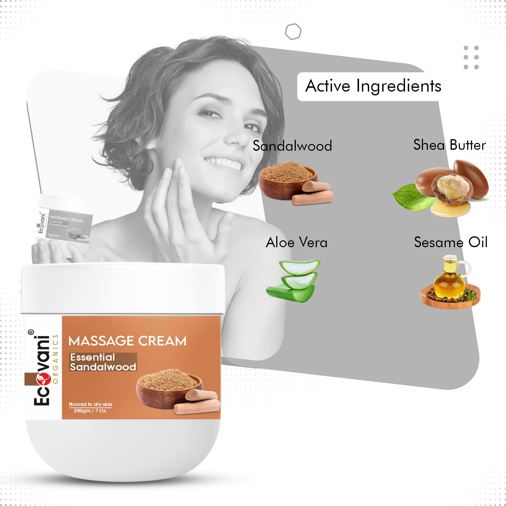 Premium Sandalwood Massage Cream with Sesame Oil, Aloe Vera & Shea Butter - 200g for Healthy, Nourished & Brighter Skin - Ideal for Relaxing Massage, Spa Treatments & Daily Skincare Routine
