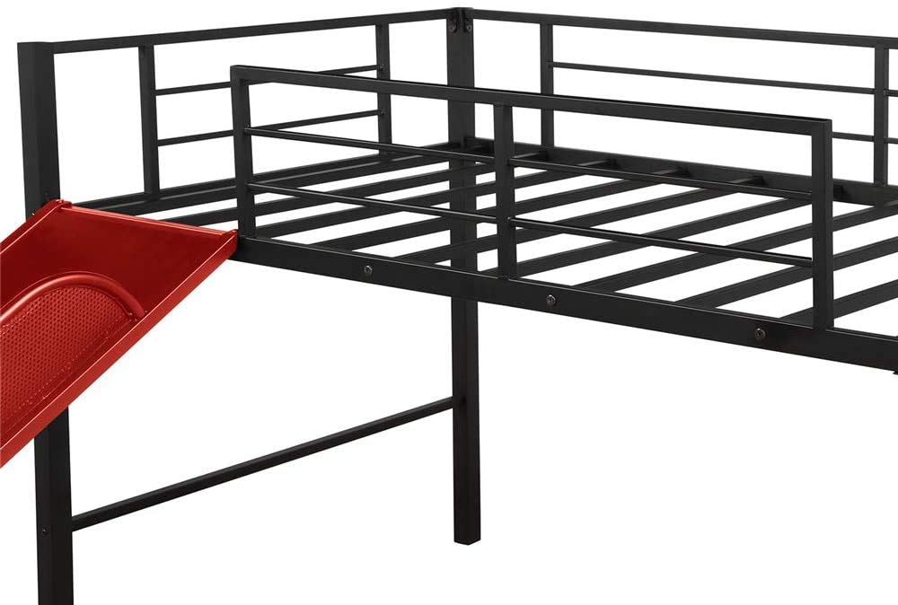 **Metal Twin Low Loft Bed with Slide & Guardrails for Kids - Safe Toddler Bed for Boys & Girls, No Box Spring Needed, Space-Saving Multifunctional Design (Red) - Perfect for Small Bedrooms, Playrooms & Dorm Decor**