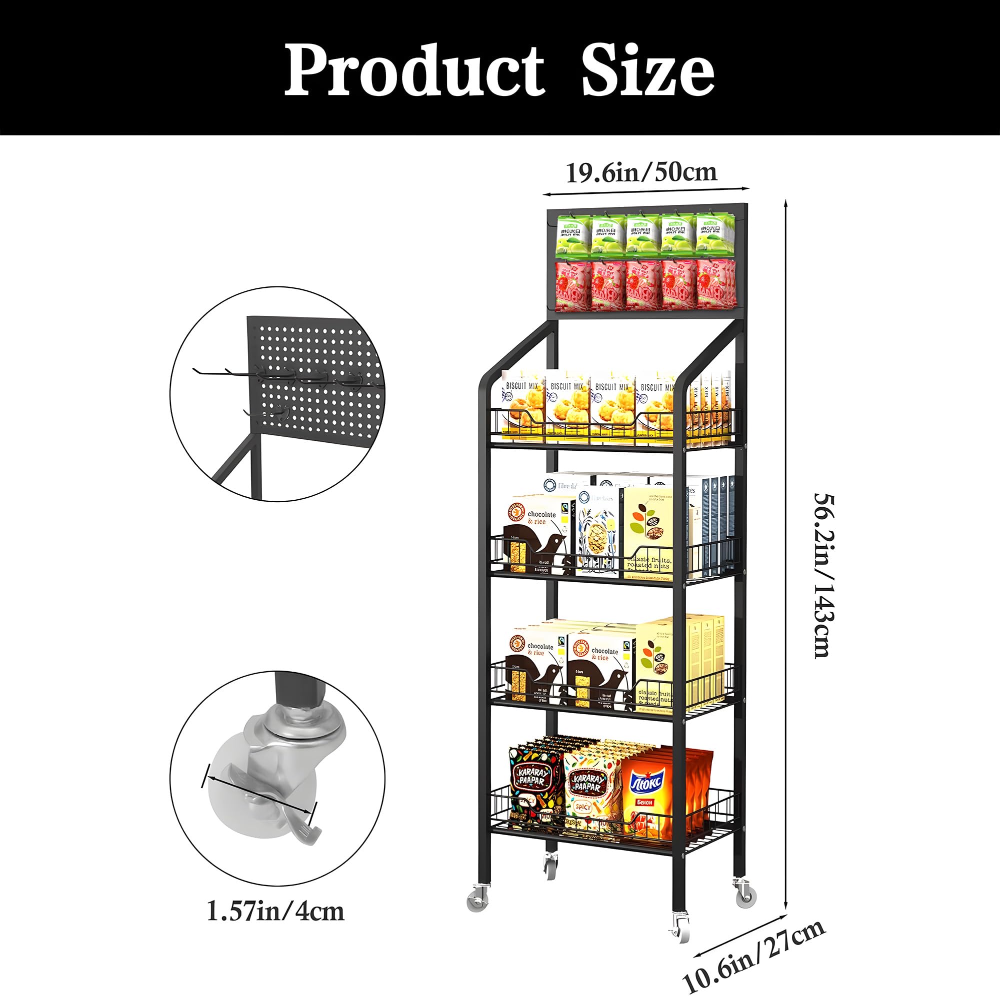 4-Tier Metal Snack Display Rack with Wheels & Hooks - Black Candy Merchandise Organizer for Supermarket, Retail Store & Home Kitchen - Perfect for Snacks, Candy, Spices & Kitchen Storage