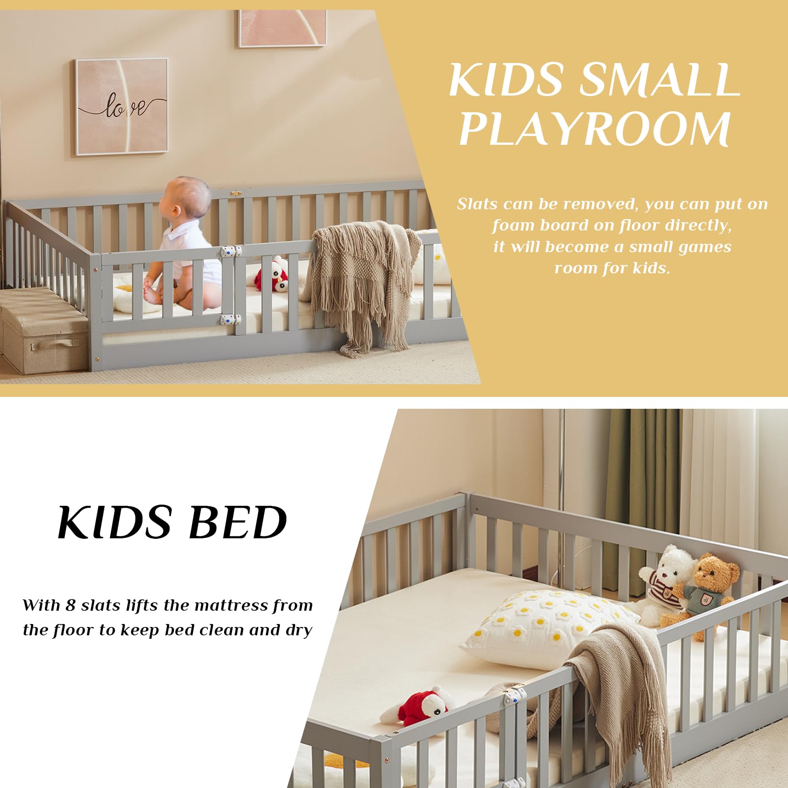 Montessori Toddler Floor Bed with Safety Guardrails & Door - Solid Wood Queen Bed Frame for Kids, Girls & Boys (Grey) | Safe Sleep Solution for Daycare, Nursery & Montessori Classroom