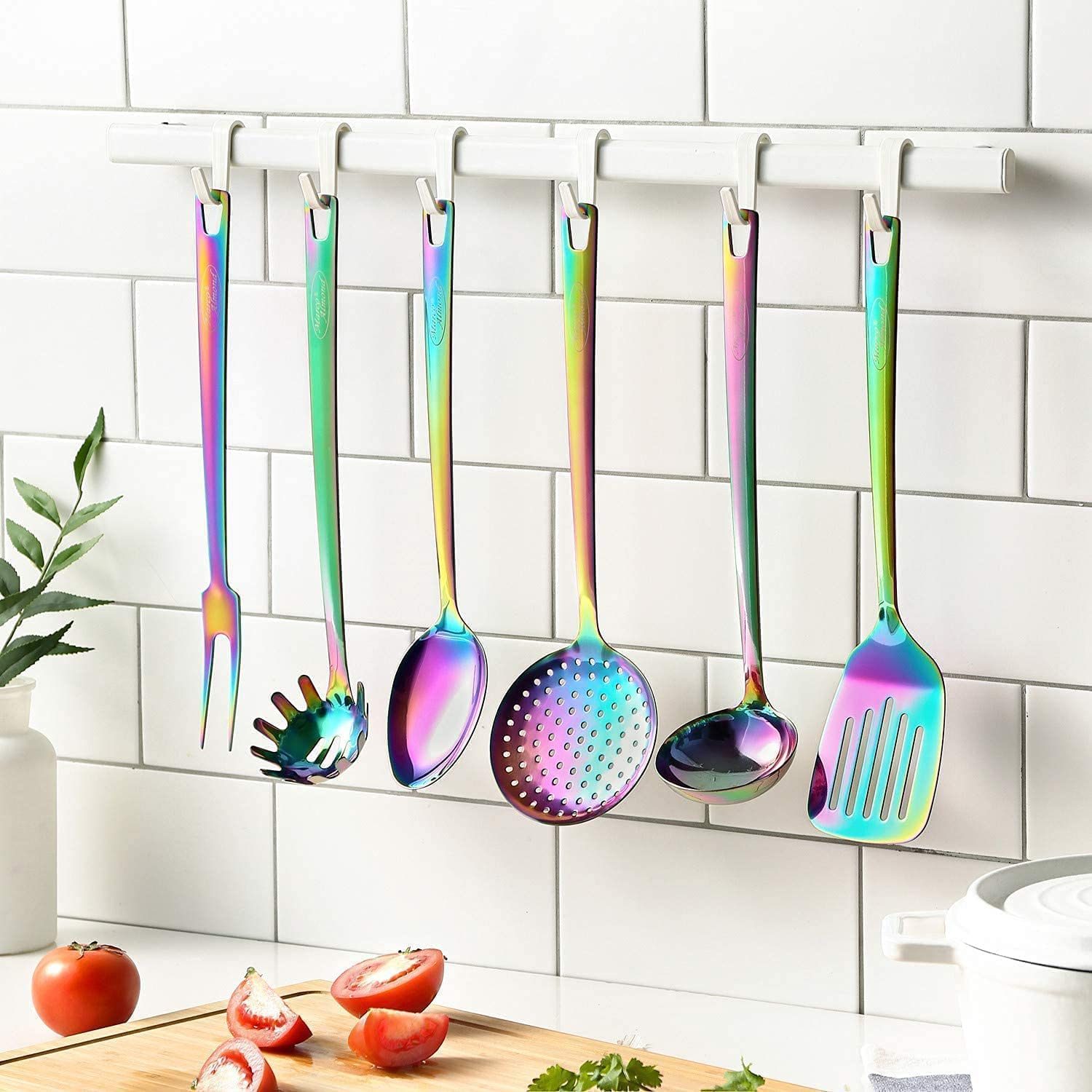 KYA36 Rainbow Titanium 12-Piece Stainless Steel Kitchen Knife Set with Sheath & KYA52B 7-Piece Titanium-Plated Cooking Utensil Set - Professional Cutlery for Home Chefs, Perfect for Cooking, Slicing, and Food Prep