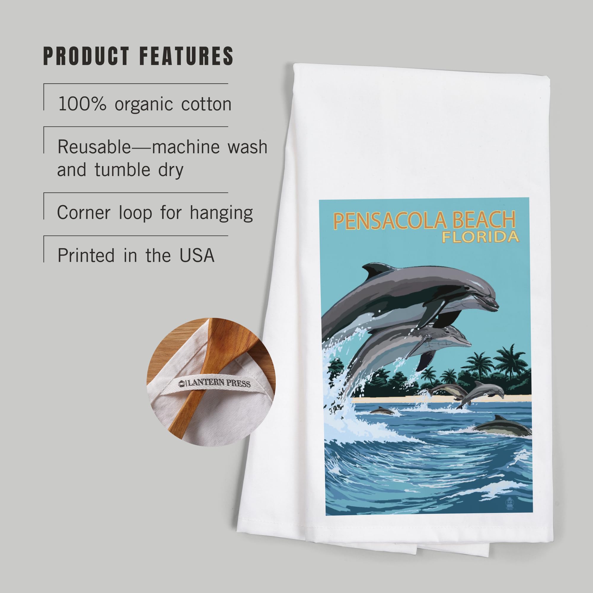 Lantern Press Pensacola Beach Florida Dolphins Jumping 100% Cotton Tea Towel - Decorative Hand Towel for Kitchen, Bathroom & Home Decor - Perfect for Dish Drying, Gift Giving & Coastal Themed Decor