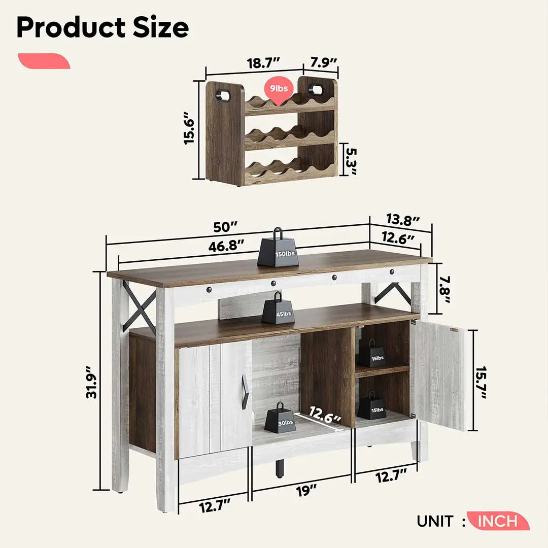 Bestier 50-Inch Modern Bar Cabinet with LED Lighting - Stylish Home Bar Furniture for Living Room, Dining Room or Entertainment Area