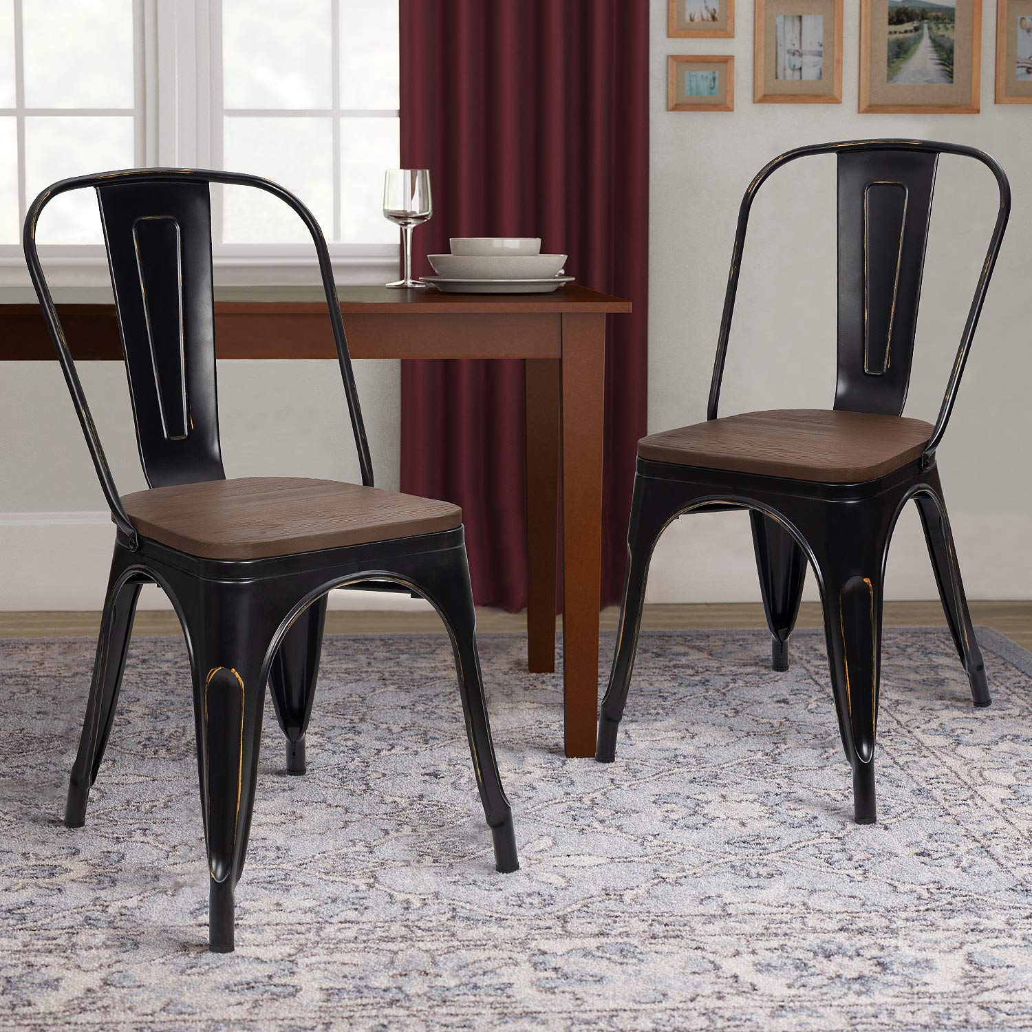 Furmax 4-Pack Black Gold Metal Dining Chairs with Wood Seat - Stackable Indoor Outdoor Bistro Cafe Side Chairs for Patio, Restaurant & Home Dining