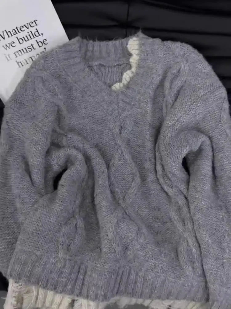 Korean Women's Red Patchwork Elegant Warm Short Knitted Sweater - Grey V-Neck Long Sleeve Office Pullover Tops for Autumn Winter | Chic Workwear & Casual Outfits