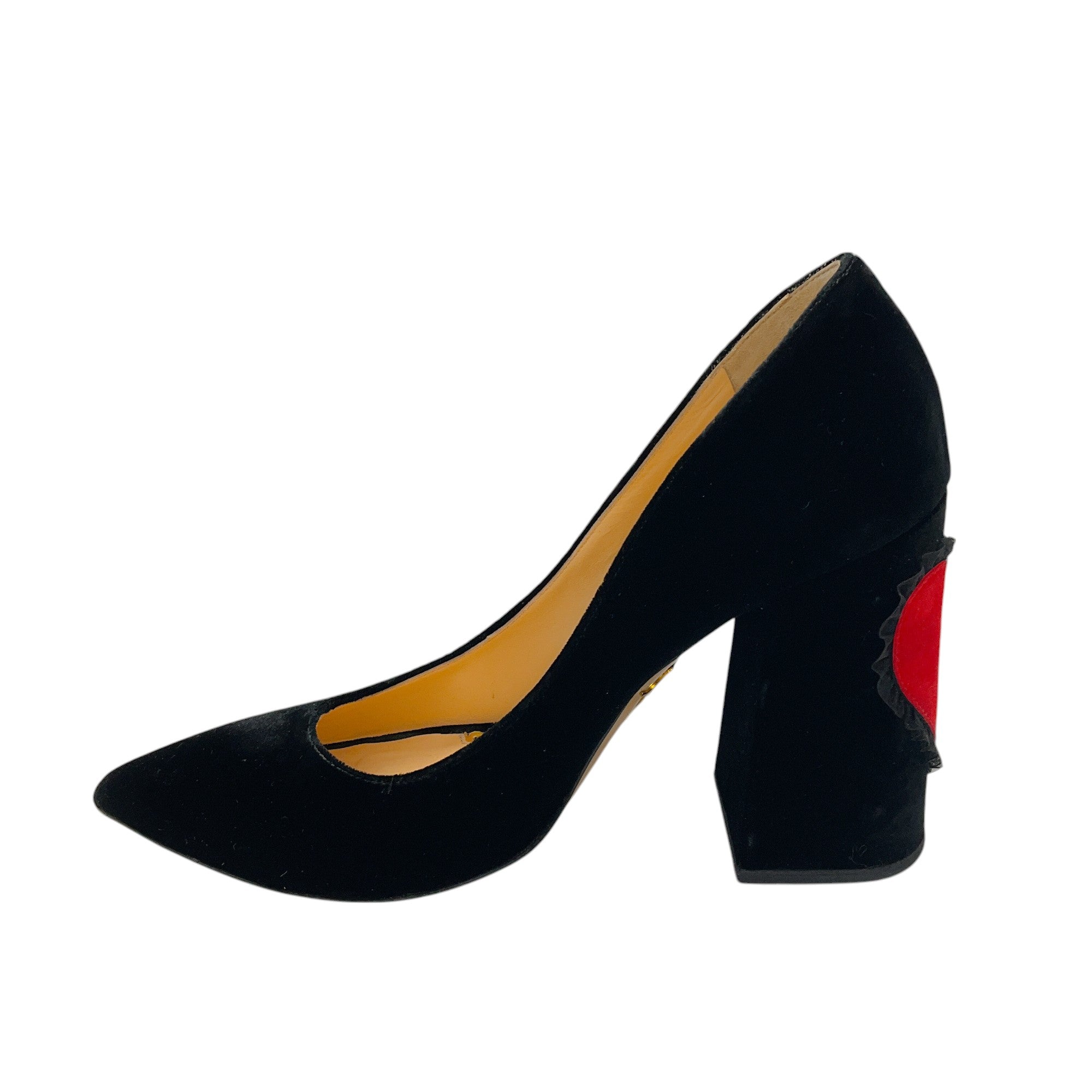 Charlotte Olympia Women's Black & Red Heart Velvet Pumps - Elegant High Heel Dress Shoes for Parties, Weddings & Evening Events
