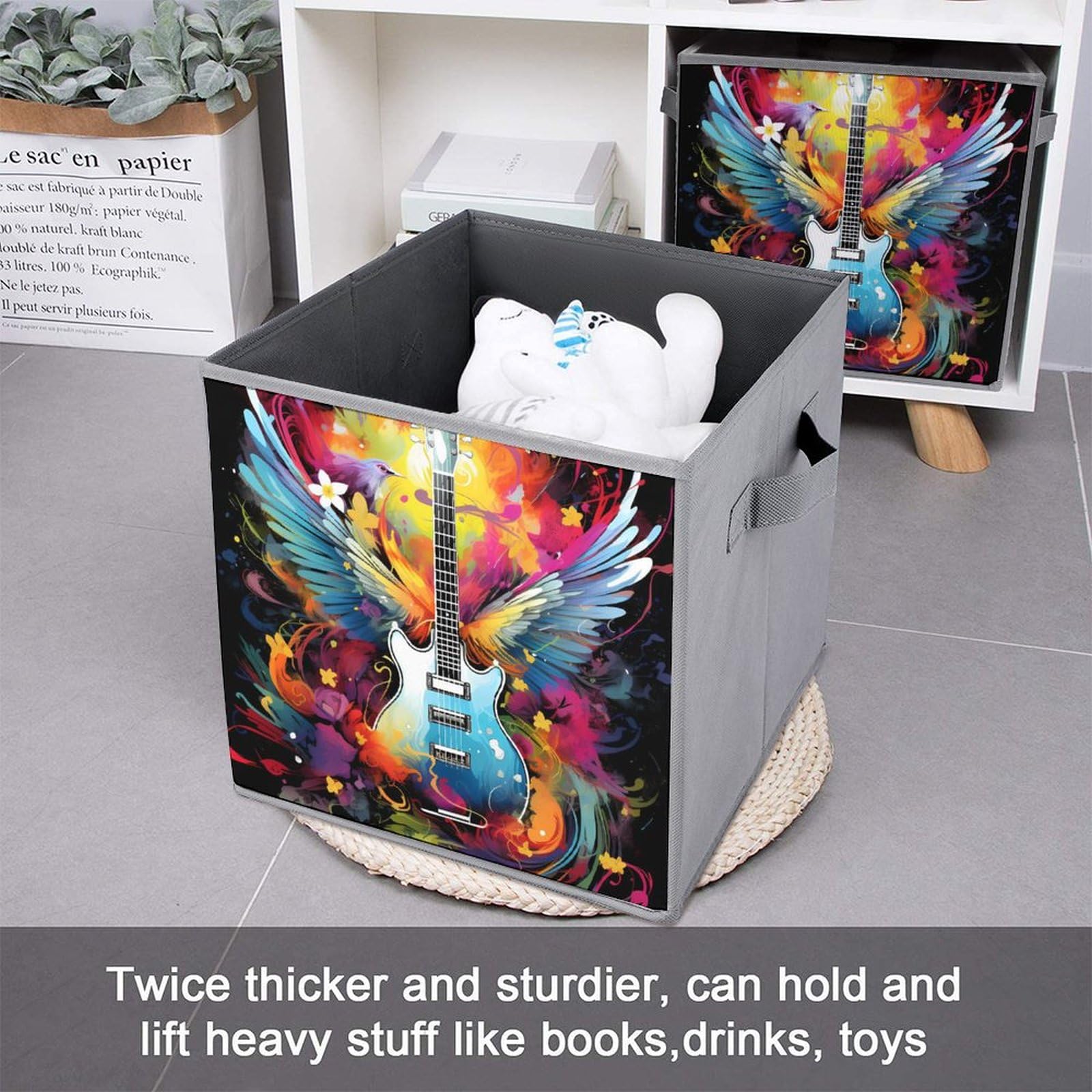 6-Pack Foldable Square Storage Bins with Handles - Watercolor Guitar & Wings Design Fabric Storage Cubes & Organizers | Perfect for Closet, Nursery, Office & Home Organization