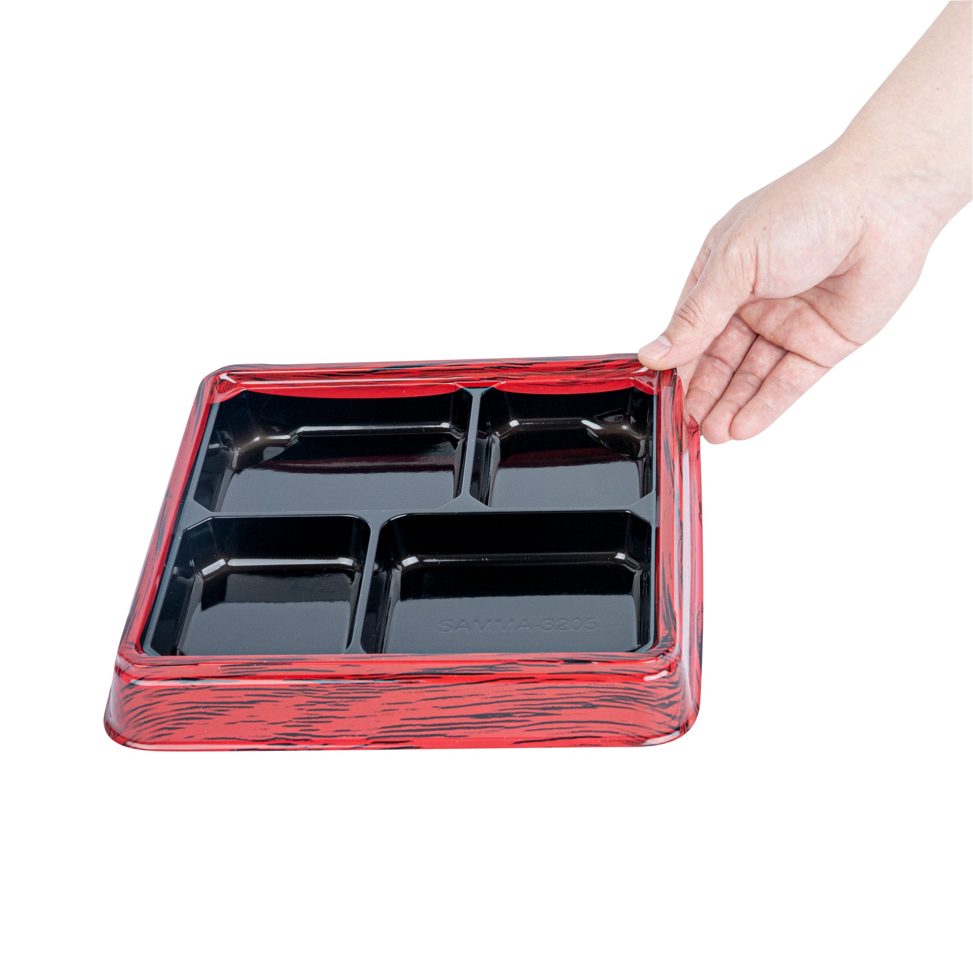 Bento Tek 18 oz Square Red and Black Plastic Bento Box with 4 Compartments | 8.5
